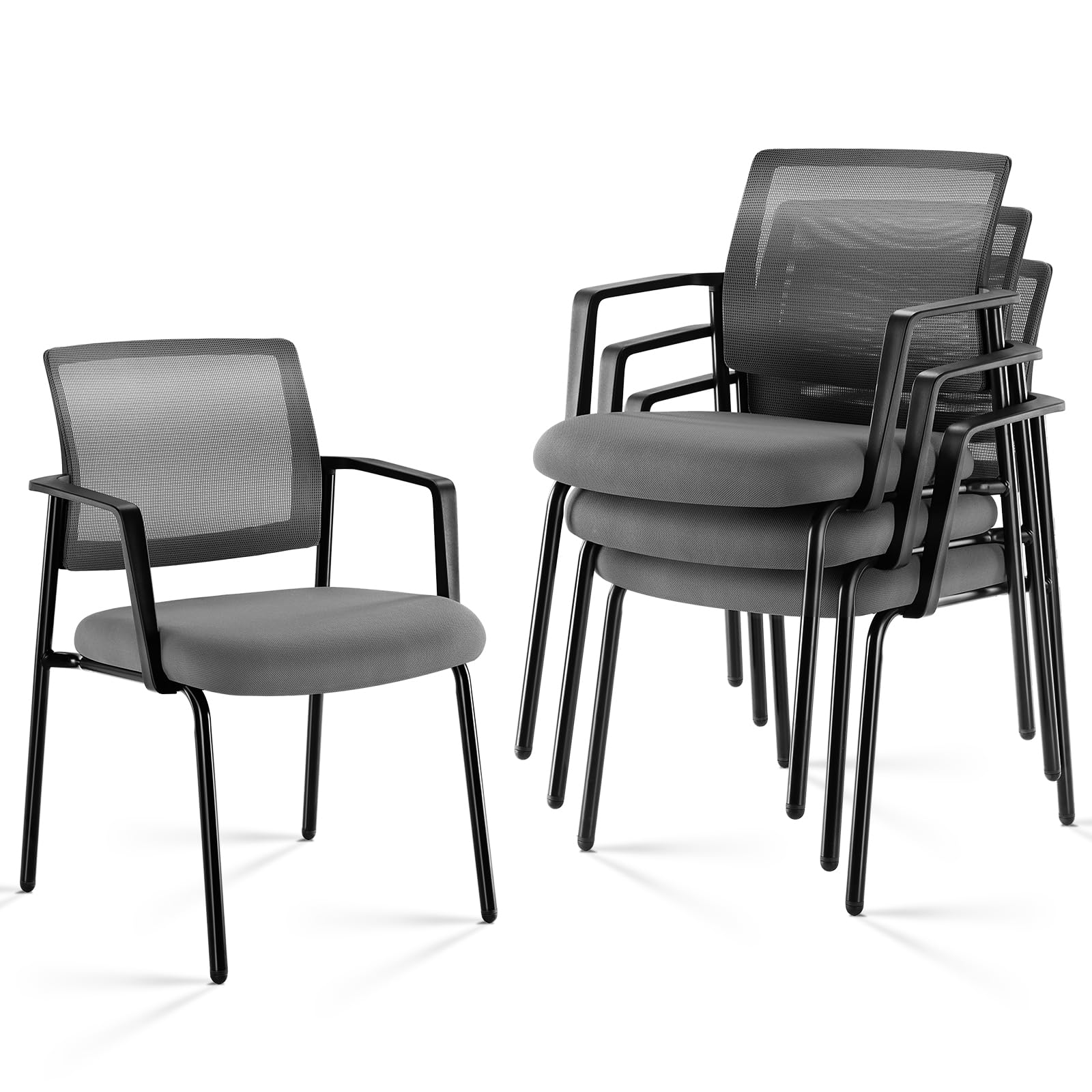 4 Pack Sweetcrispy Mesh Back Stacking Chairs - Breathable Upholstered Fabric & Sturdy Metal Frame Stackable Chairs for Indoor/Outdoor Use - Perfect for Home, Office, Party, Restaurant, Patio, and Events (Grey)