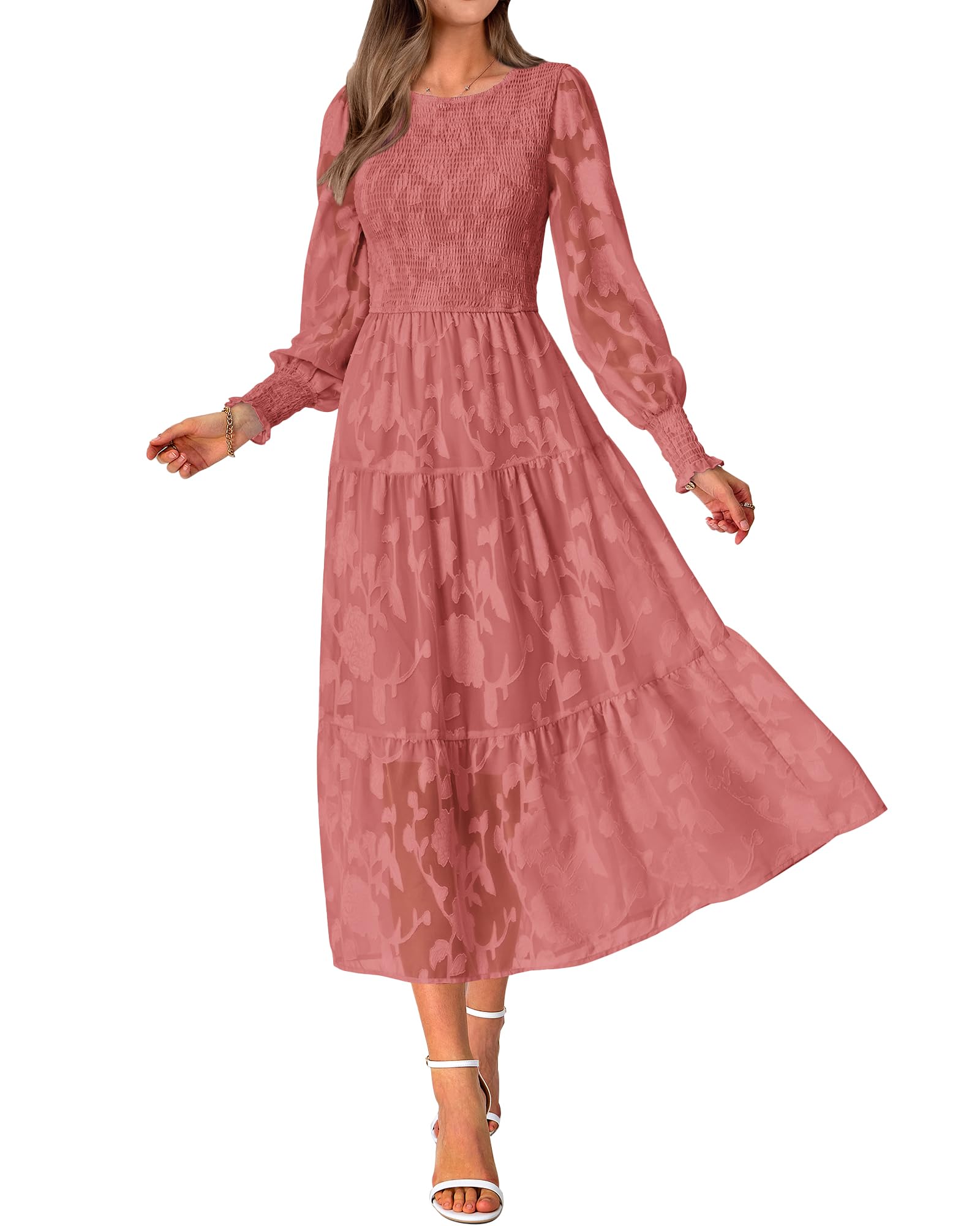 BTFBM Elegant Floral Midi Dress for Women - Long Sleeve Bohemian Wedding Guest Dress, Spring 2025 Flowy Casual Dress for Bridal Shower, Garden Party & Special Occasions