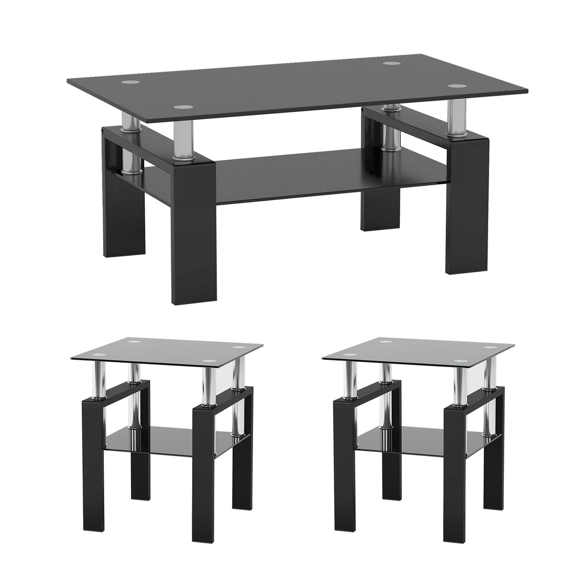 IANIYA 3-Piece Modern Tempered Glass Coffee Table Set - Black Living Room Furniture with Sleek Design & High Capacity - Perfect for Small Spaces, Apartments, and Contemporary Home Decor