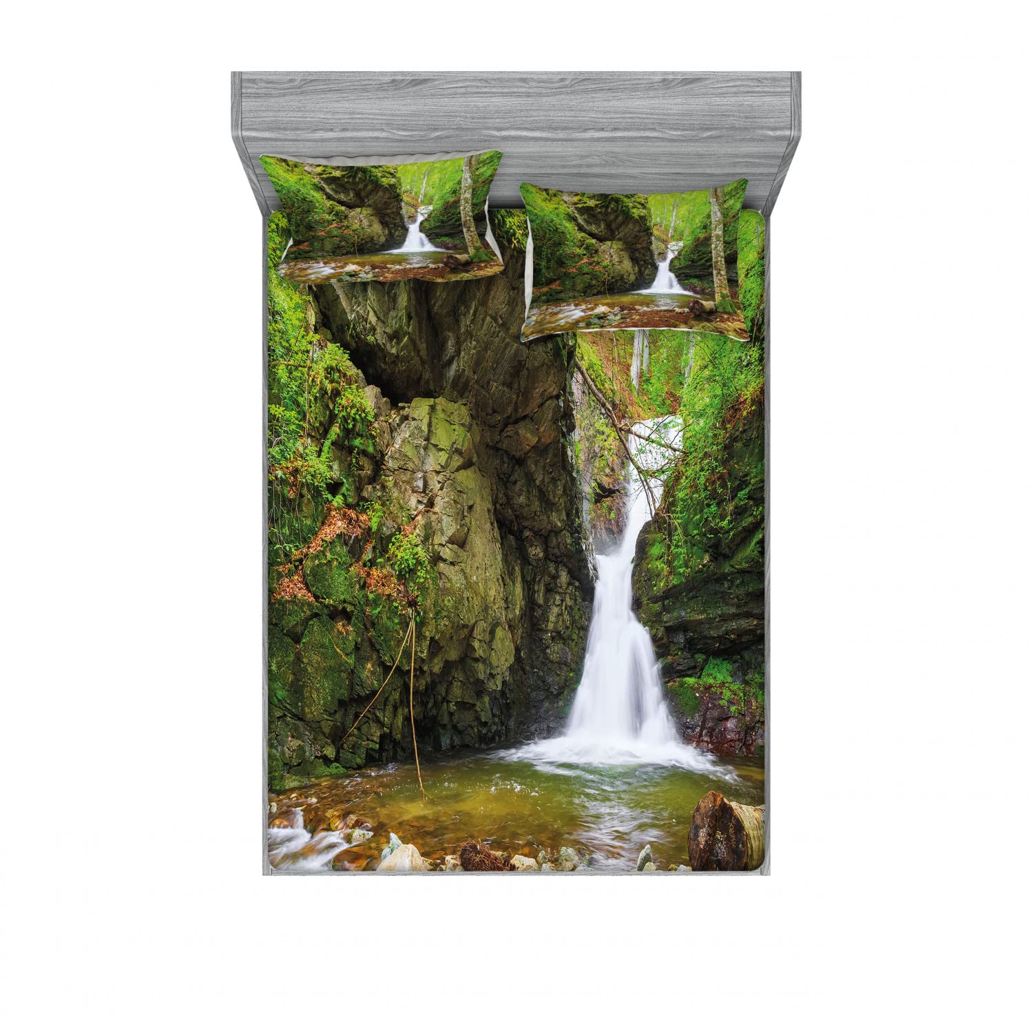 Ambesonne 2-Pack Queen Size Fitted Sheet Set with 4 Pillow Shams - Spring Waterfall Nature Design Green & White Bedding Collection | Perfect for Guest Rooms, Vacation Homes & Nature-Themed Bedroom Decor