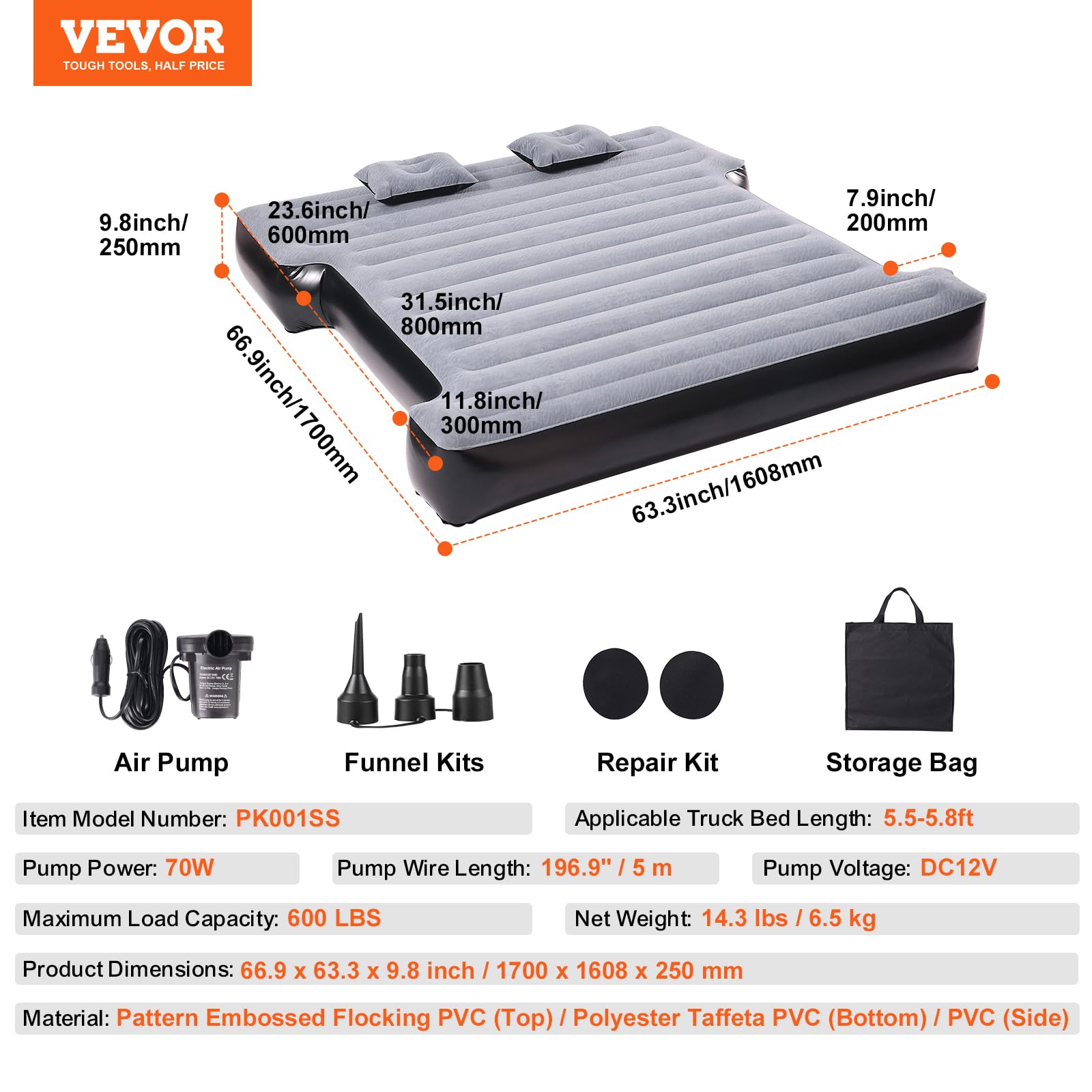 VEVOR Truck Bed Air Mattress for 5.5-5.8 ft Short Truck Beds - Inflatable Camping Mattress with 12V Air Pump, 2 Pillows & Carry Bag | Fits Silverado, RAM, F150, Sierra, Titan, Tundra | Perfect for Road Trips, Camping & Outdoor Adventures