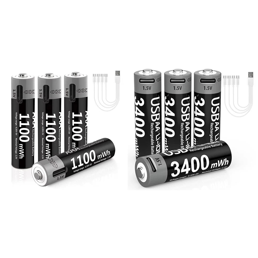 MATOV USB Rechargeable AA & AAA Lithium Ion Batteries - 3400mWh 1.5V AA Battery + 1100mWh 1.5V AAA Battery Pack for Cameras, Flashlights, Toys & Electronics