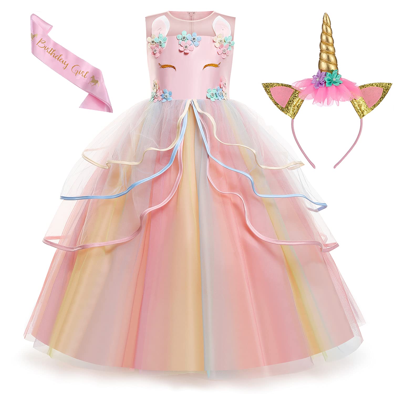 Magical Unicorn Princess Dress for Girls - Sparkly Long Satin Pageant Gown with Matching Unicorn Headband | Perfect for Birthday Parties, Pageants, Halloween & Fantasy Dress-Up