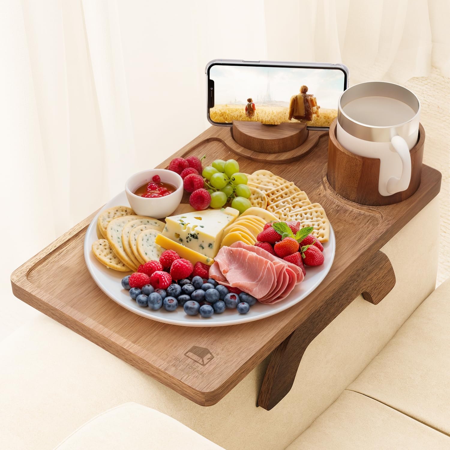 3-in-1 Wooden Couch Arm Table with 360° Rotatable Phone Holder & Cup Holder - Foldable Anti-Slip Sofa Arm Tray for Eating, Snacks, Remote Control & Drinks (Fits 9.84