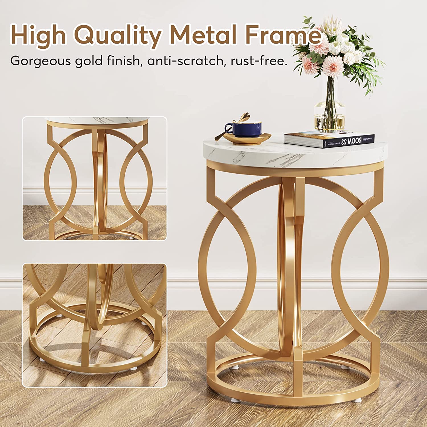 Modern Round End Table with Faux Marble Top - Stylish Nightstand for Bedroom, Living Room & Office - Perfect for Small Spaces & Home Decor