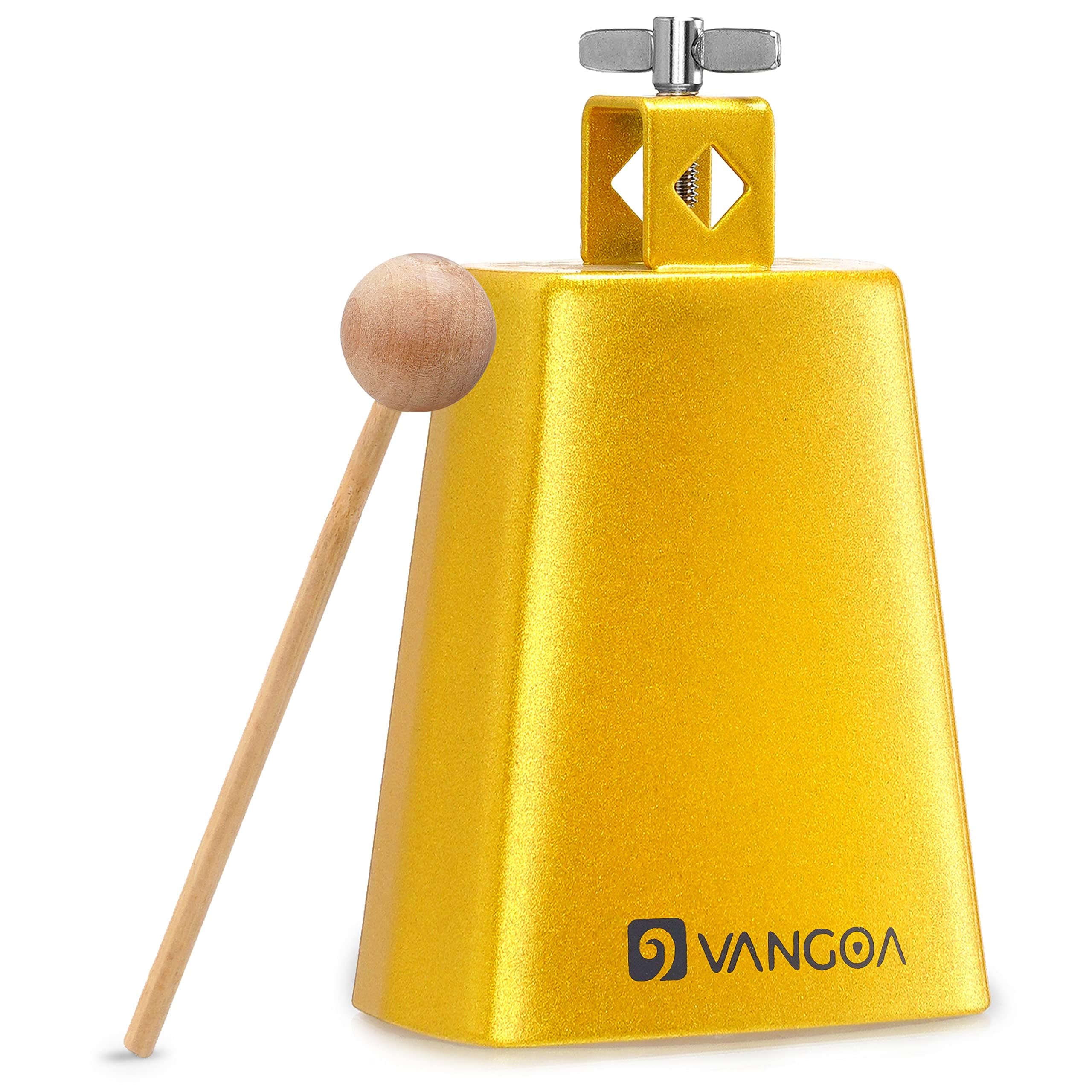 Vangoa 6 Inch Metal Steel Cow Bell with Stick - Gold Percussion Instrument for Drumset, Band, Live Performance & Music Practice