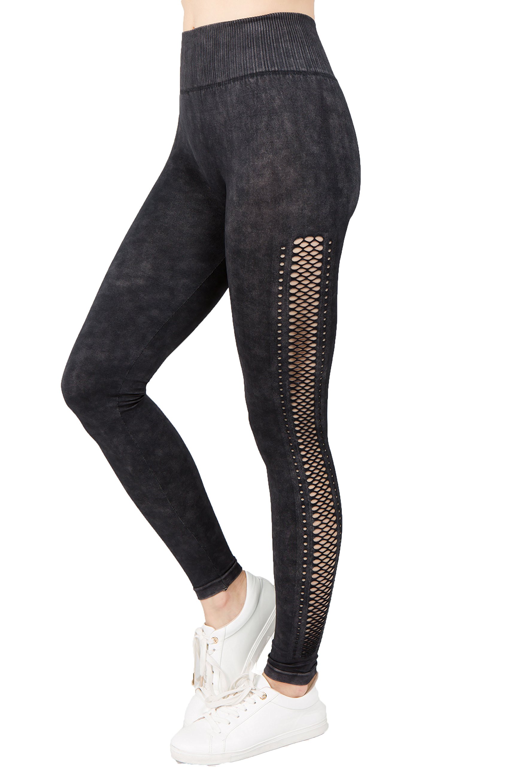 Women's High Waist Laser Cut Out Skinny Vintage Wash Leggings - Stretchy Comfort for Yoga, Workout & Casual Wear