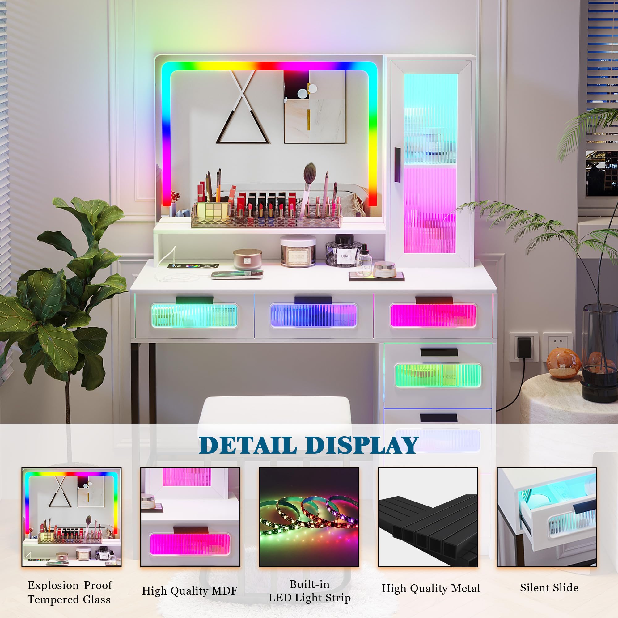 HNEBC White LED Vanity Makeup Desk with Mirror, RGB Lights & Wireless Charger - 6 Drawers, Cabinets & Stool Included - Perfect Dressing Table for Bedroom, Cloakroom & Beauty Salon Makeup Stations