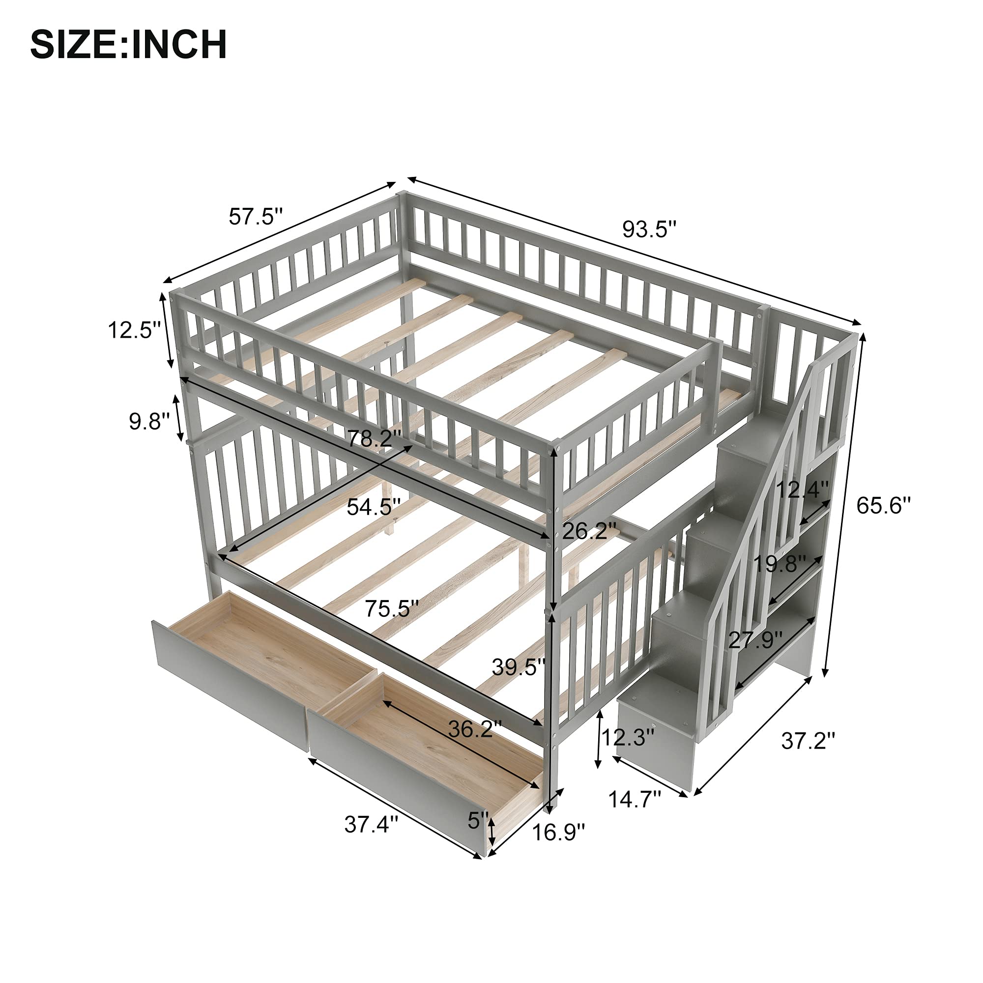 MERITLINE Full Over Full Bunk Bed with Stairs & 2 Storage Drawers - Convertible Wooden Loft Bed for Kids & Teens - Space-Saving Twin Bunk Bed Separates into 2 Full Beds (Grey) - Perfect for Small Bedrooms, Dorms & Shared Kids' Rooms