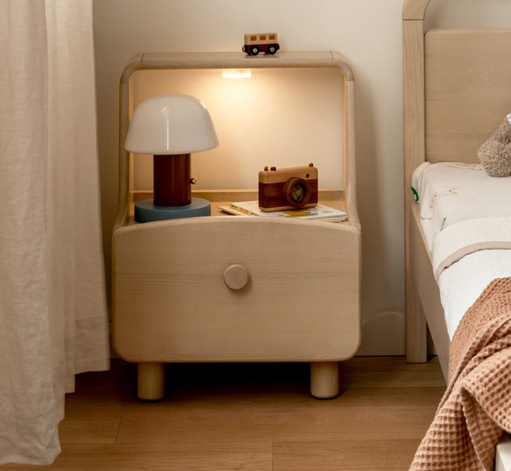 Solid Wood Nightstand with Built-in Night Light - Birch & Beech Wood Bedside Table for Bedroom, Living Room, or Nursery - Modern & Functional Furniture for Small Spaces
