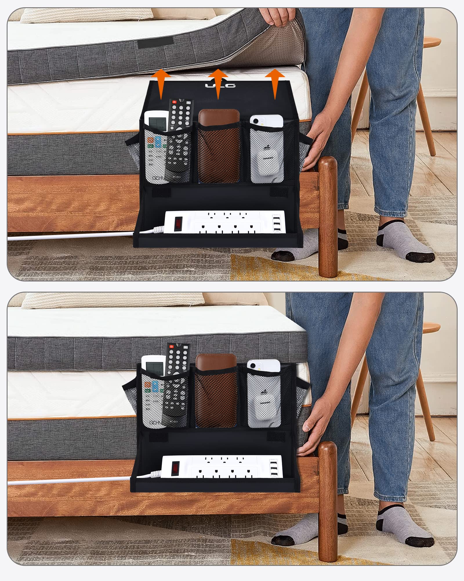 ULG Bedside Caddy - Hanging Bedside Organizer with Power Strip Holder & 6 Pockets, Multifunctional Storage for Remotes, Magazines, Phones, Tablets (Black) - Perfect for Bedroom, Dorm, Nursing Home & Small Space Organization