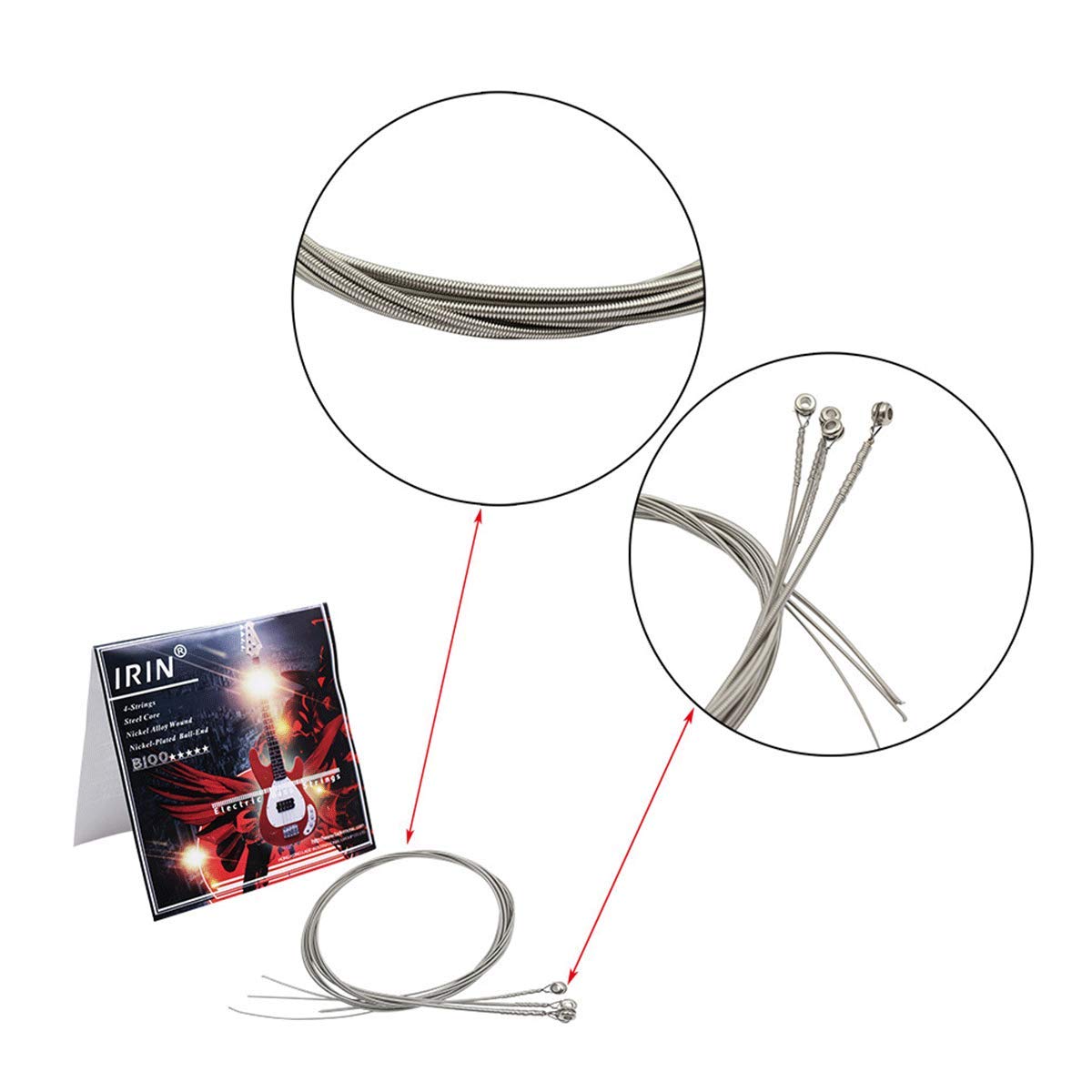 Premium Electric Bass Guitar Strings - Full Set Steel Core Nickel Alloy Wound, Nickel-Plated Ball-End (45-105 Gauge) with Blue Cleaning Cloth & 5 Guitar Picks - Perfect for Rock, Jazz & Studio Recording