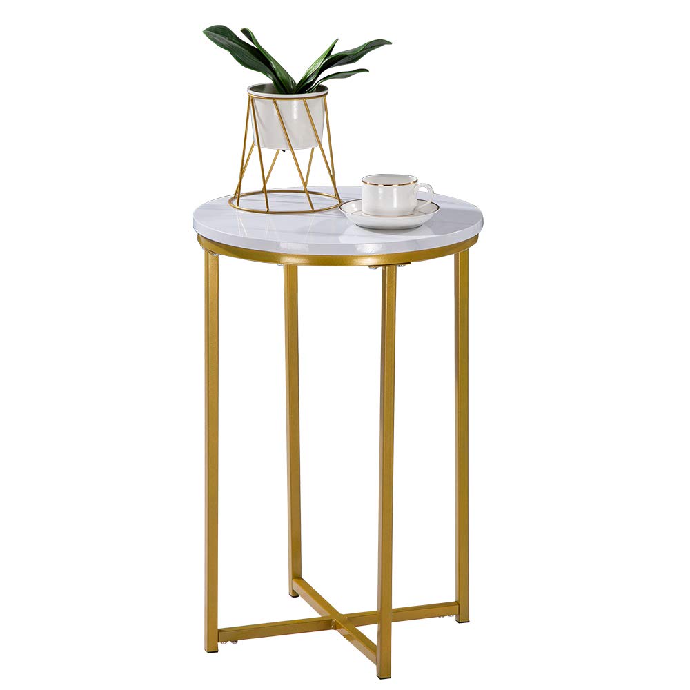 Modern Round Side Table with Faux Marble Top & Gold Metal Frame - Compact Accent Table for Living Room, Bedroom, Study | Perfect as Coffee Table, Nightstand, or Snack Table - White & Gold Finish