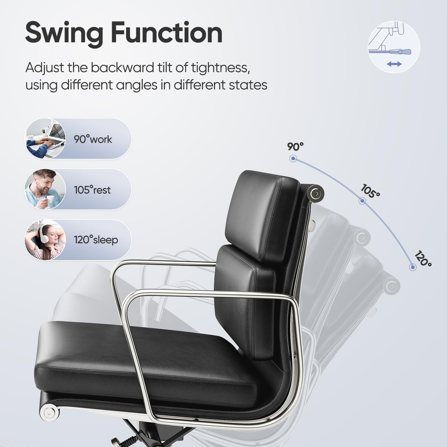 Premium Genuine Leather Office Chair - Mid Back Executive Desk Chair with Lumbar Support, Padded Arms & Smooth-Rolling Wheels - Ergonomic Aluminum Base Rolling Chair for Home Office, Conference Room & Workspace - Modern Black Leather Computer Chair for Professionals