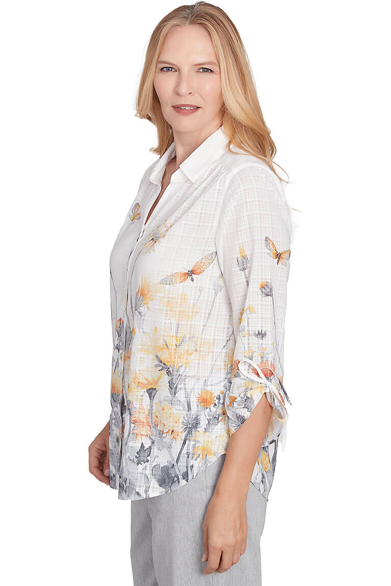 Marigold Garden Print Shirt - Stylish Floral Button-Up for Women | Perfect for Casual Outings, Office Wear & Spring Fashion