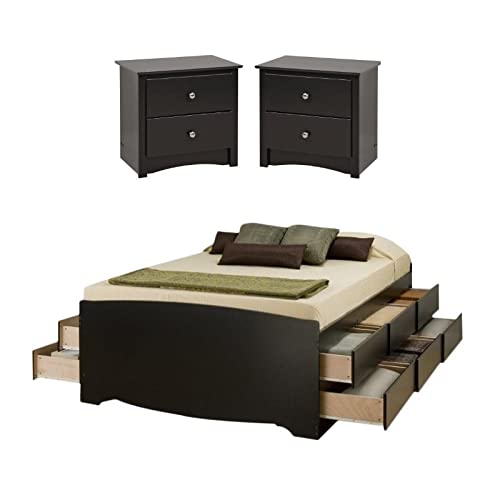 Home Square 3-Piece Queen Bedroom Set - Tall Platform Storage Bed with 2 Nightstands | Modern Bed Frame with Underbed Storage & Matching Nightstands for Small Spaces & Master Bedrooms