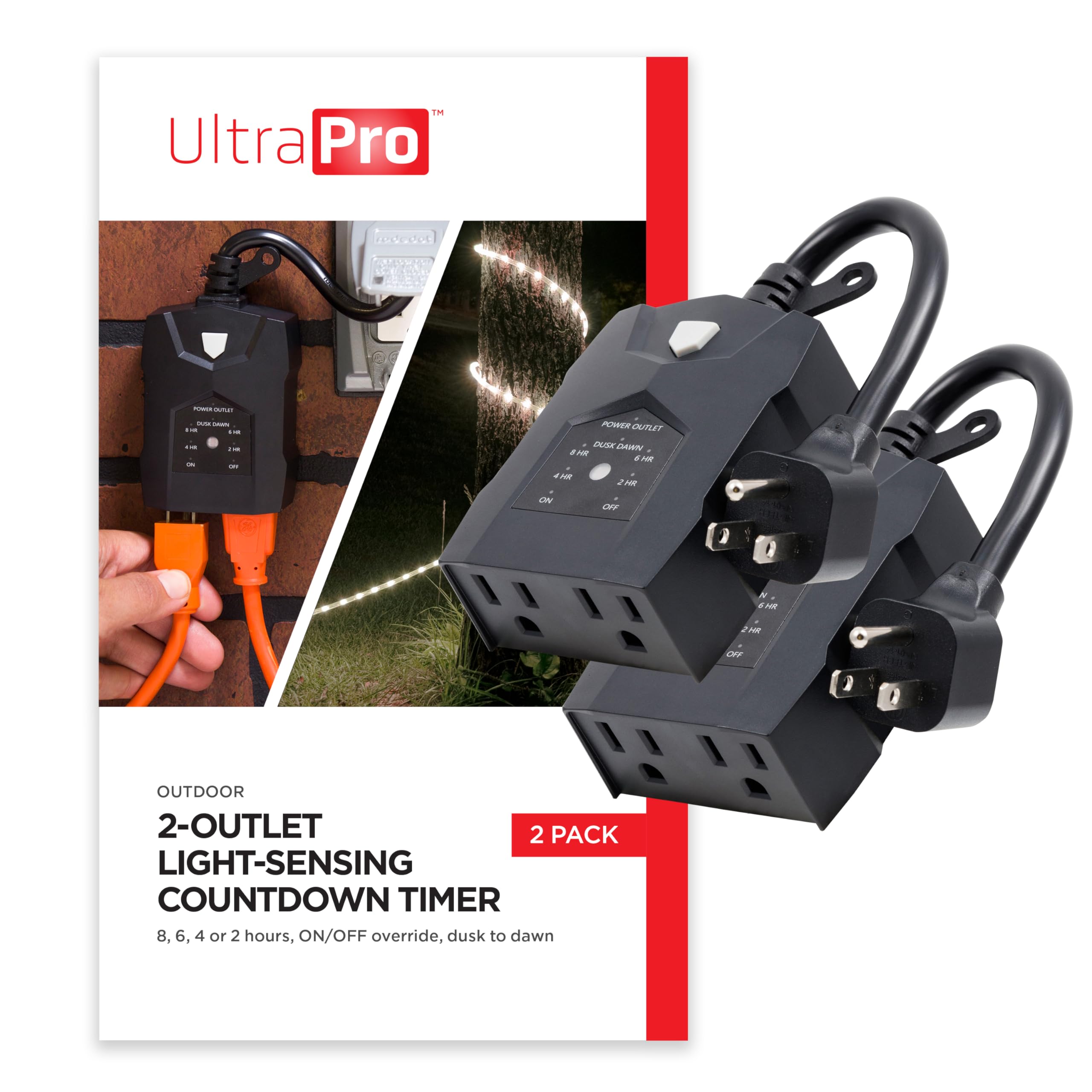 UltraPro Outdoor Outlet Timer with Dusk-to-Dawn Sensor - Dual Outlet Light Timer with 8/6/4/2hr Countdown - Weather-Resistant & Light Sensing Timer for Seasonal & Landscape Lights (2 Pack, Black) - Perfect for Holiday Decorations, Garden Lighting & Outdoor Security