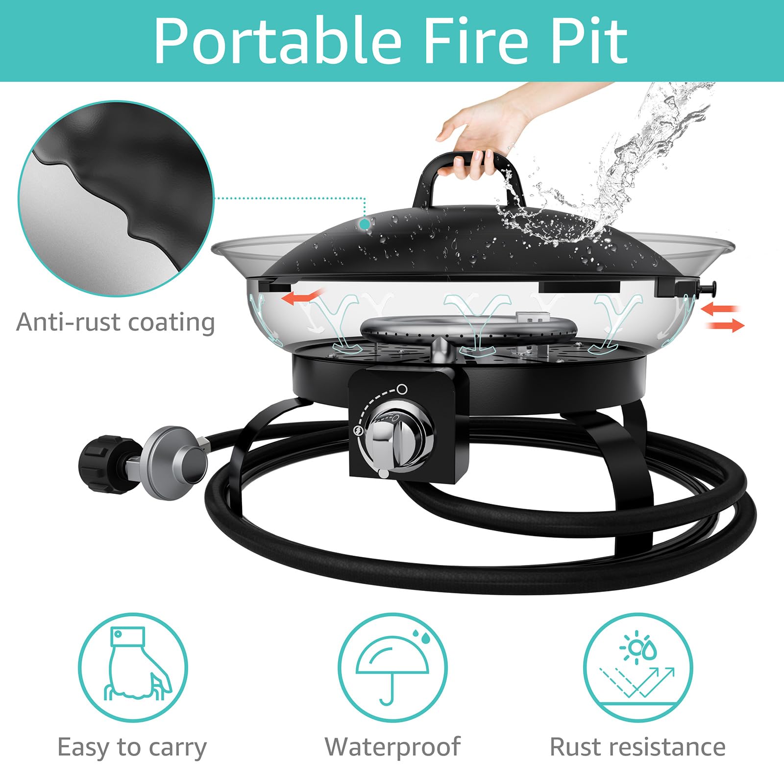 Portable Propane Fire Pit for Camping & Backyard - Outdoor Gas Fire Bowl with Lid, Round Patio Heater for Deck, Garden, Picnic, RV Travel - Perfect for Cozy Nights & Outdoor Gatherings