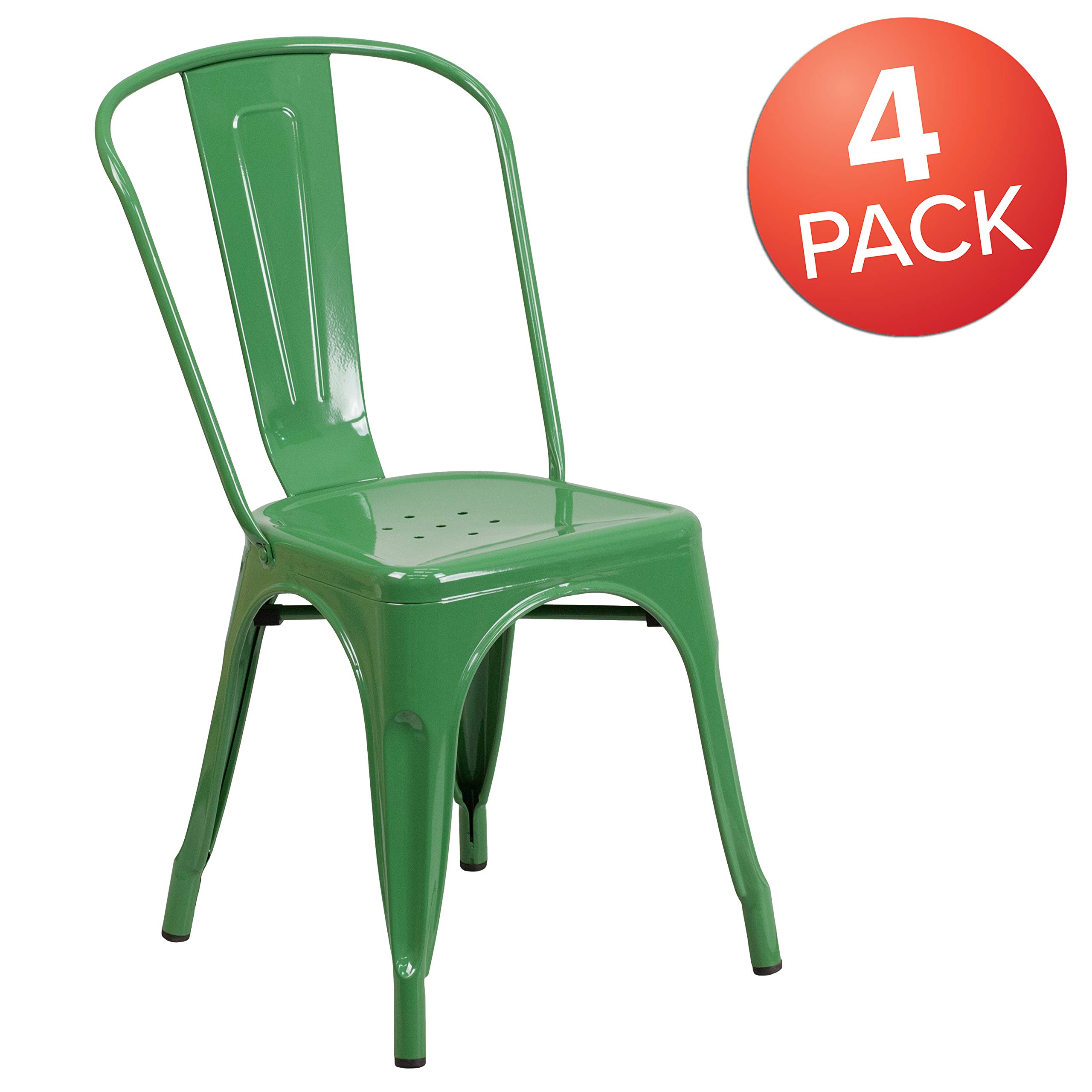 4 Pack Green Metal Stackable Chairs for Indoor & Outdoor Use - Durable Bistro & Restaurant Chairs for Patio, Cafe, Dining Room & Garden