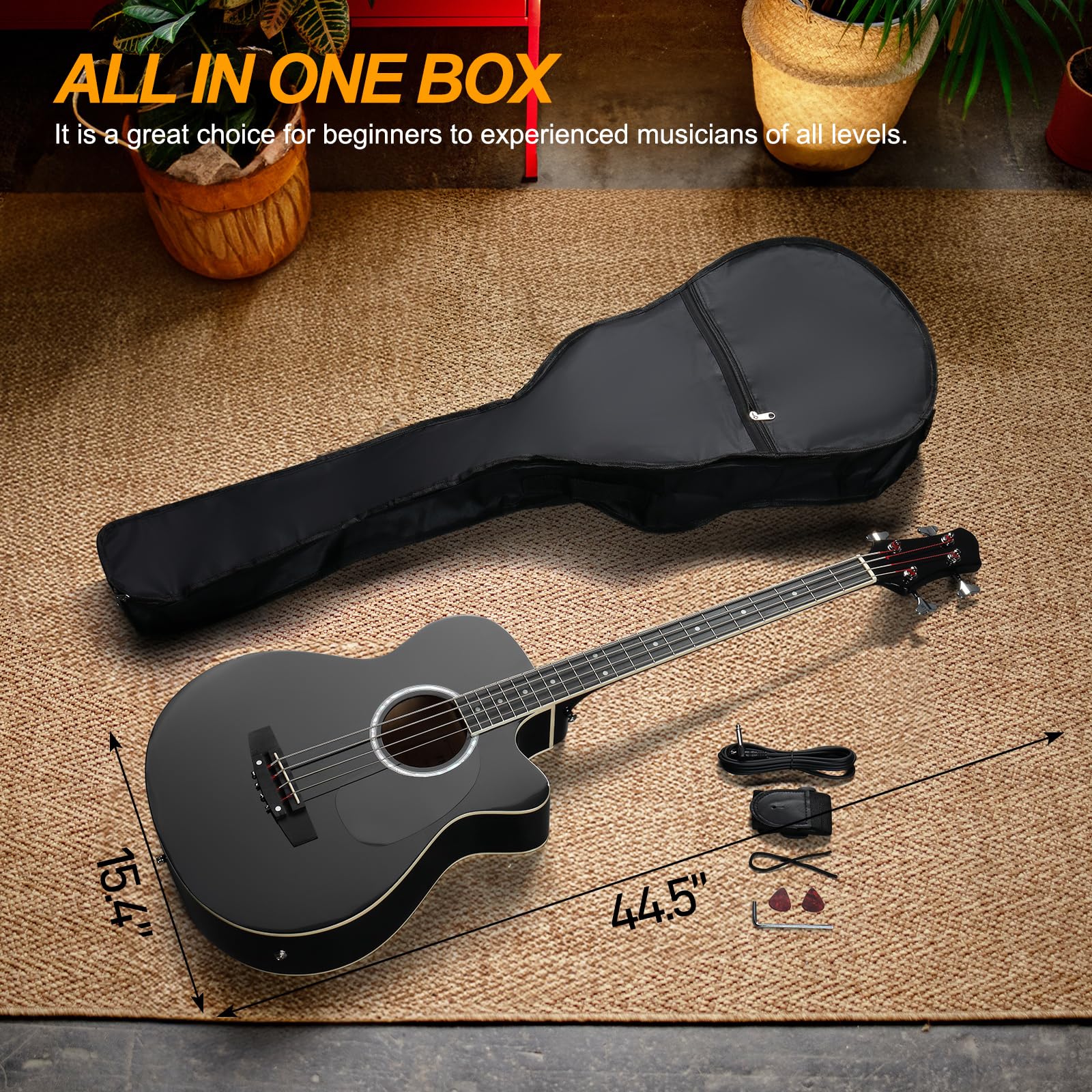 Ktaxon 4-String Acoustic Bass Guitar Full Size Kit with Gig Bag, Premium Cable, Wrench, Strap & Picks (Black) - Perfect for Beginners, Live Performances & Studio Recording