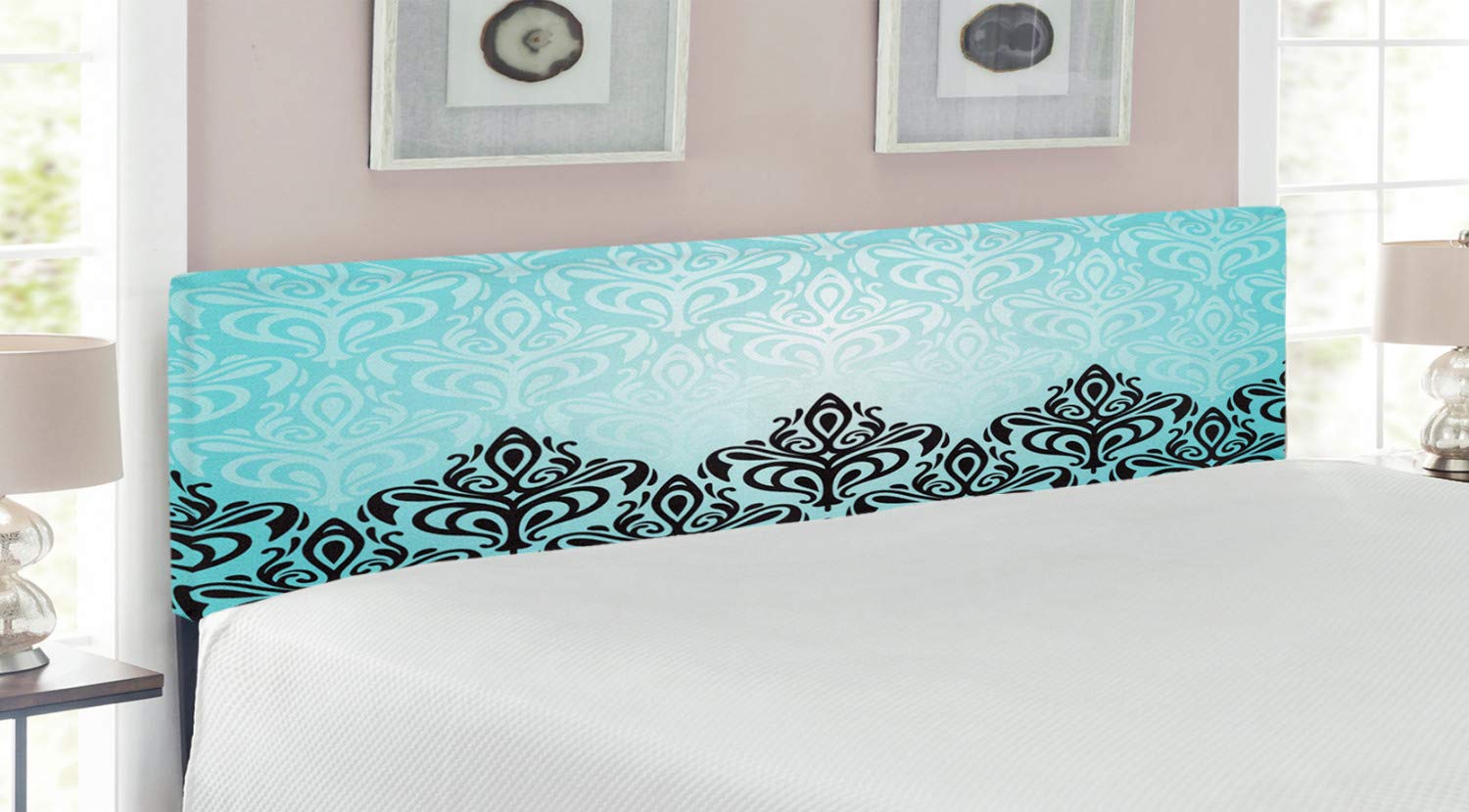 Ambesonne Damask Upholstered Headboard - Modern Symmetric Floral Pattern in Royal Blue & Black - King Size Metal Bed Frame with Memory Foam - Perfect for Master Bedroom & Guest Room Decor