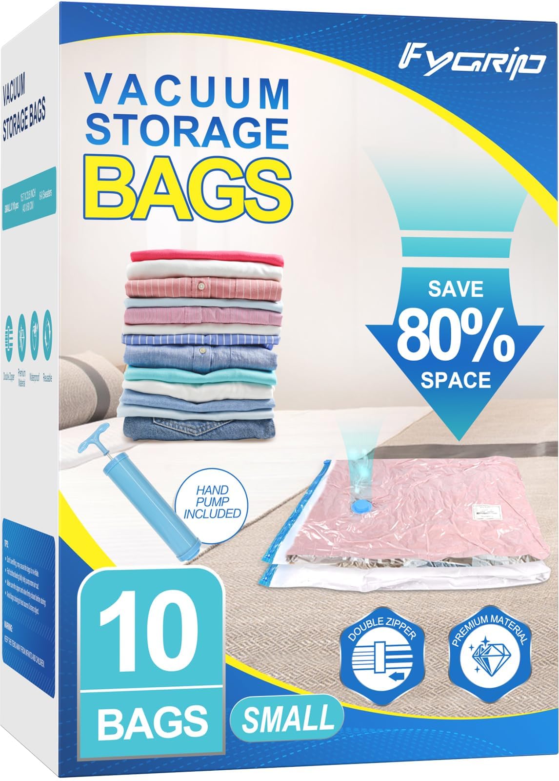 10 Pack Small Vacuum Storage Bags with Hand Pump - Space Saving Compression Bags for Clothes, Blankets, Comforters & Travel - Perfect for Organizing Wardrobes, Seasonal Storage & Luggage Packing
