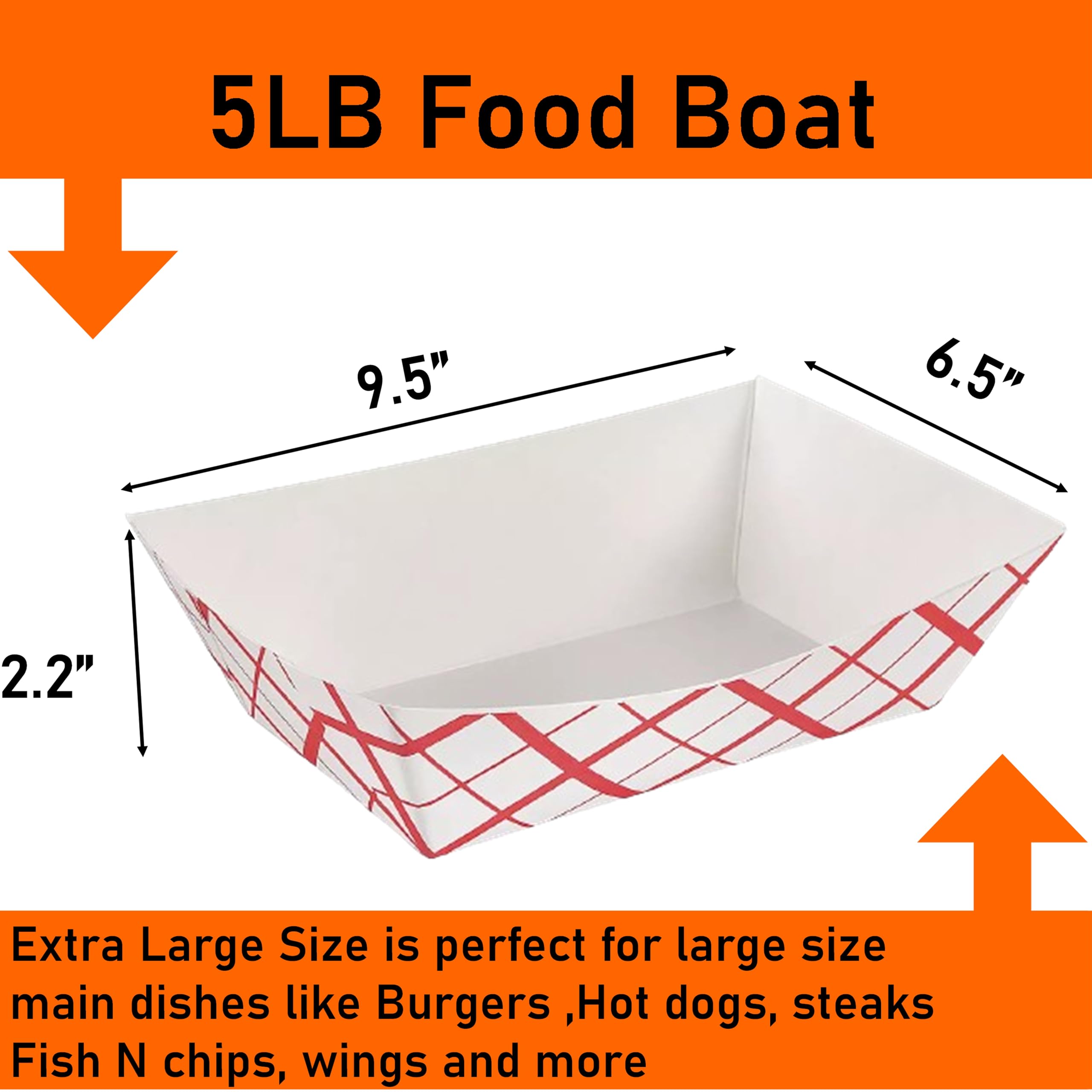 Mr Miracle Extra Large (5LB) Red & White Checkered Paper Food Trays - 100 Pack Disposable & Recyclable Serving Boats for Condiments, Snacks & Concession Food | Grease Resistant | Perfect for Parties, Picnics & Food Service Businesses
