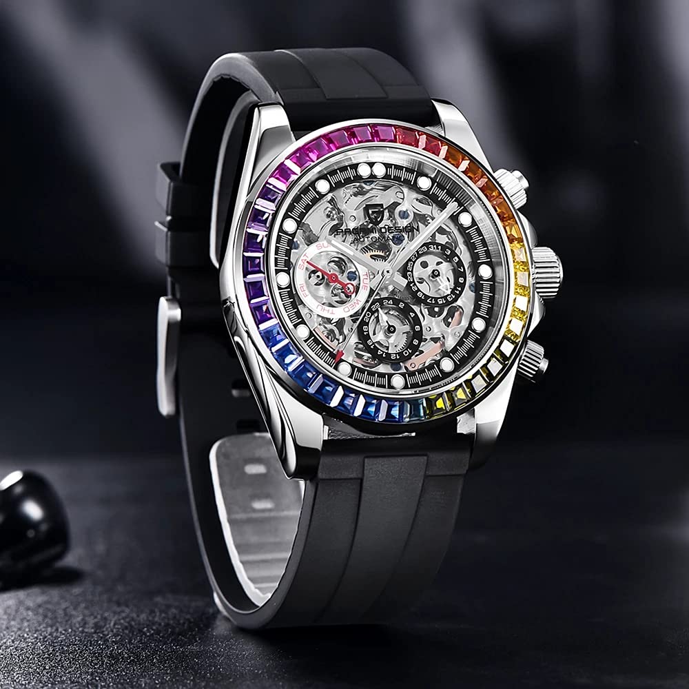 Pagani Design Luxury Men's Automatic Skeleton Watch - Stainless Steel Rainbow Bezel, Rubber Strap, 100M Waterproof - Perfect for Sports, Business & Formal Occasions