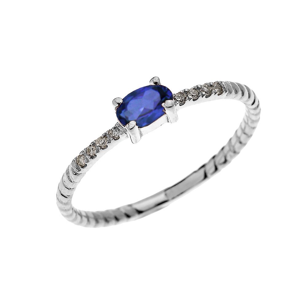 14K White Gold Diamond & Oval Sapphire Solitaire Rope Design Stackable Ring for Women - Proposal, Engagement, Wedding, Anniversary Gift - Perfect for Stacking, Everyday Wear & Special Occasions