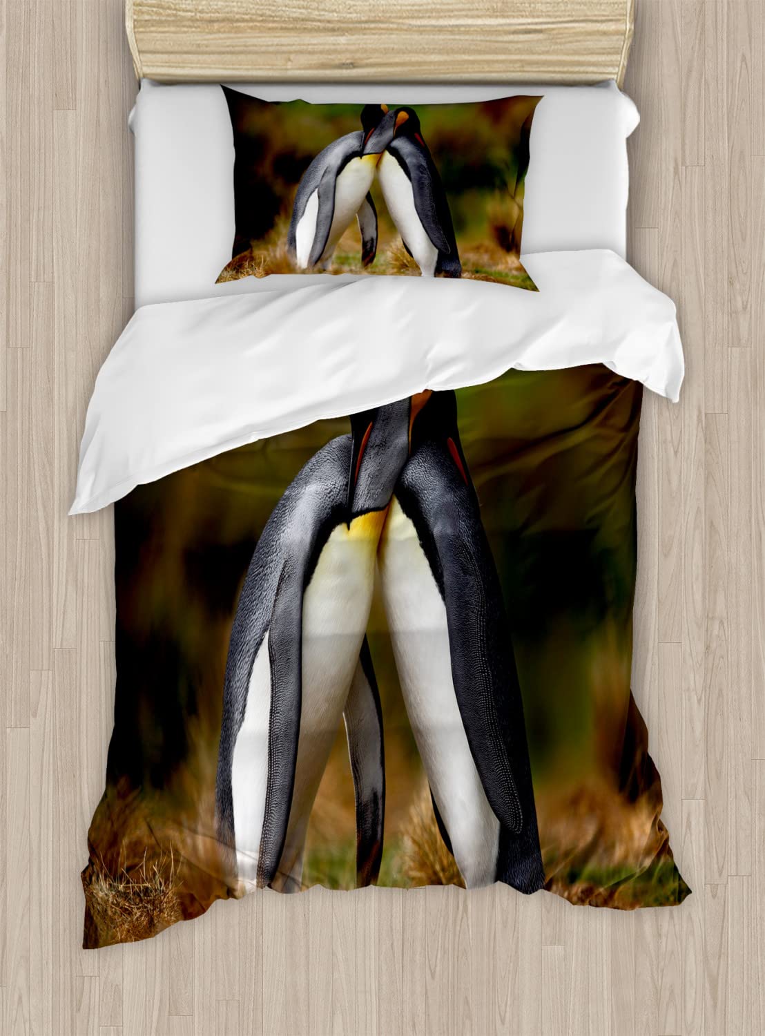 Ambesonne Penguin Couple Duvet Cover Set - 2 Pack Queen Size, Black Umber - Romantic Wild Nature Falkland Islands Fauna Bedding with 2 Duvet Covers & 4 Pillowcases - Perfect for Couples Bedroom, Wildlife Theme Decor, Cozy Winter Nights