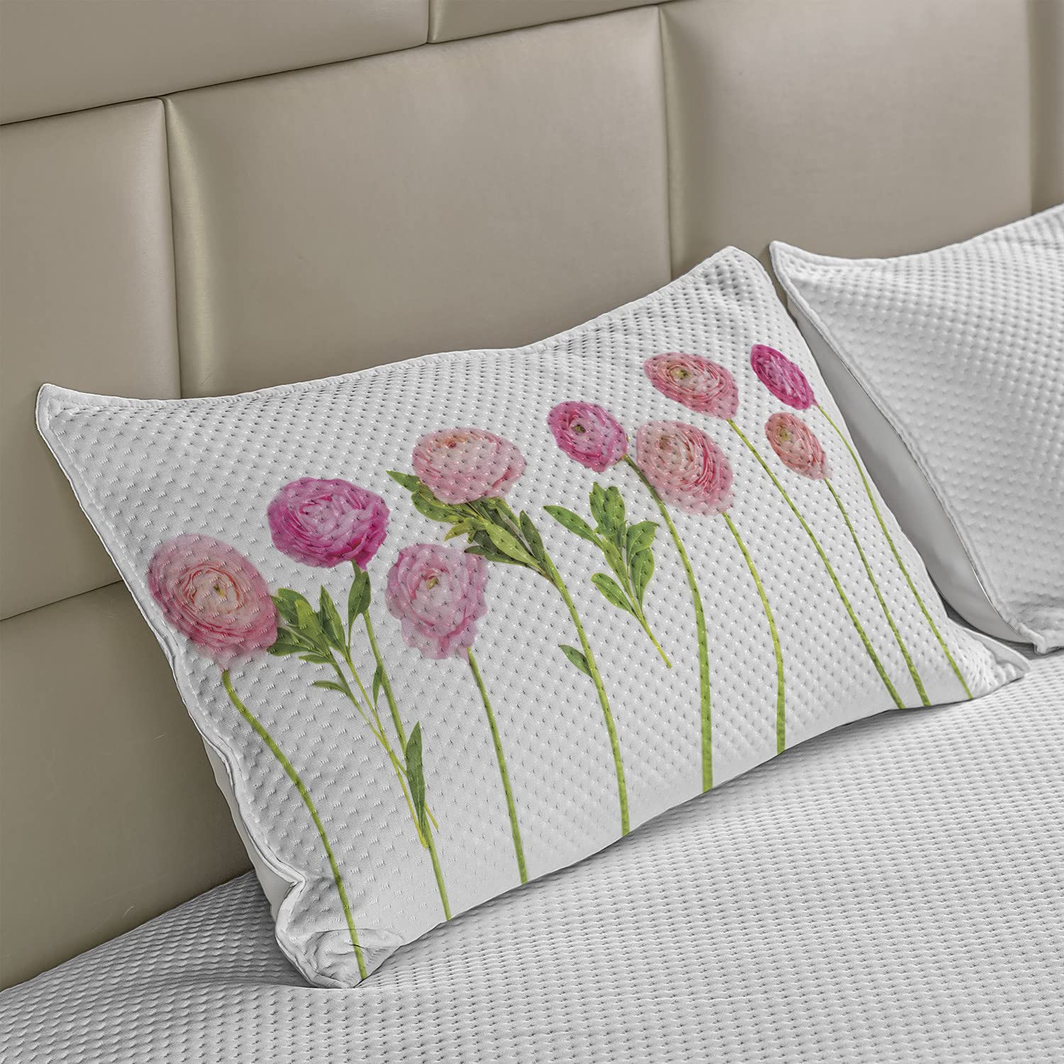 Lunarable Blush Pink Knitted Quilt Pillow Cover - Ranunculus Flower Print on Plain Background, Standard Queen Size 30