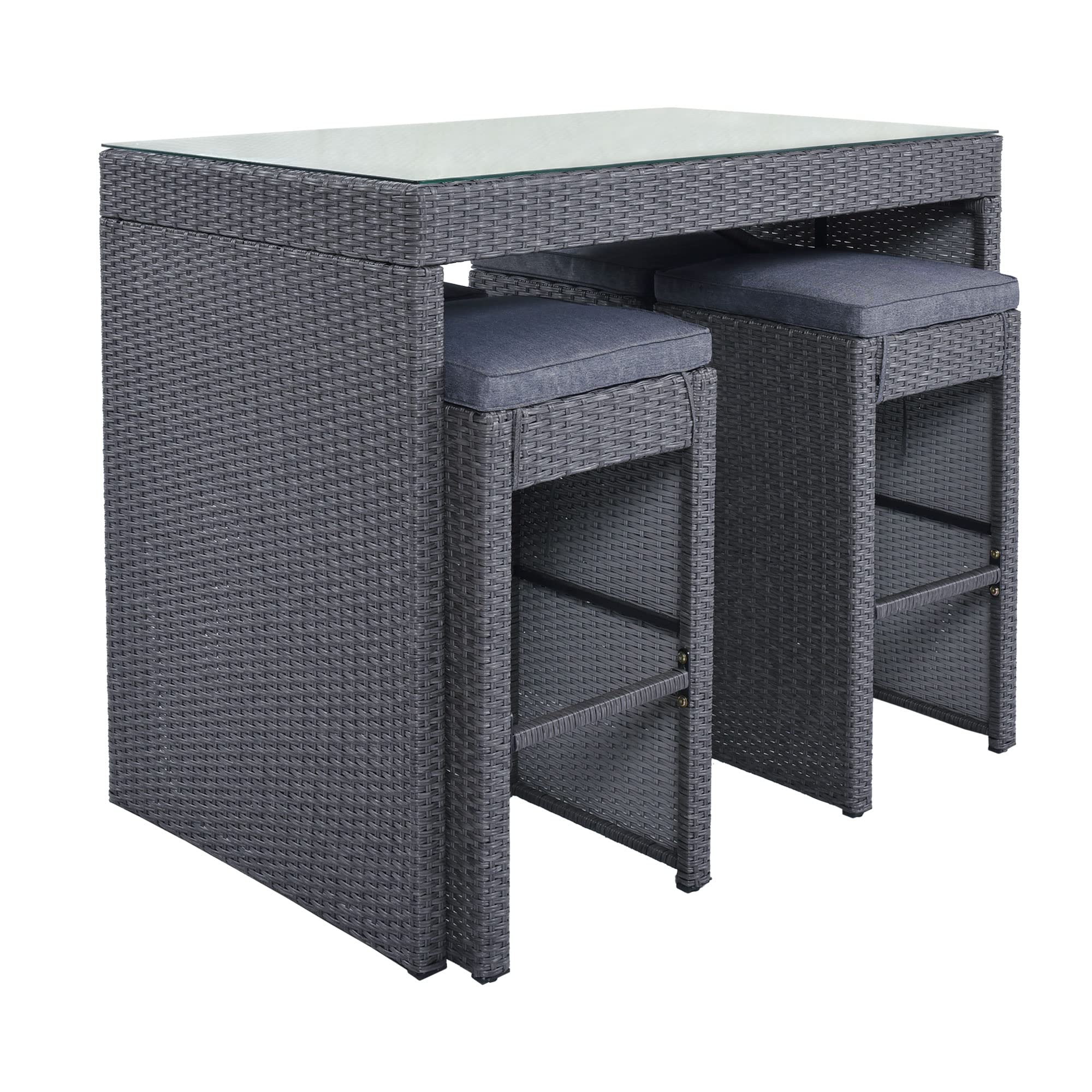 5-Piece Rattan Outdoor Patio Furniture Set with 4 Stools & Gray Cushions - Wicker Bar Dining Table for Backyard, Garden, Poolside or Balcony