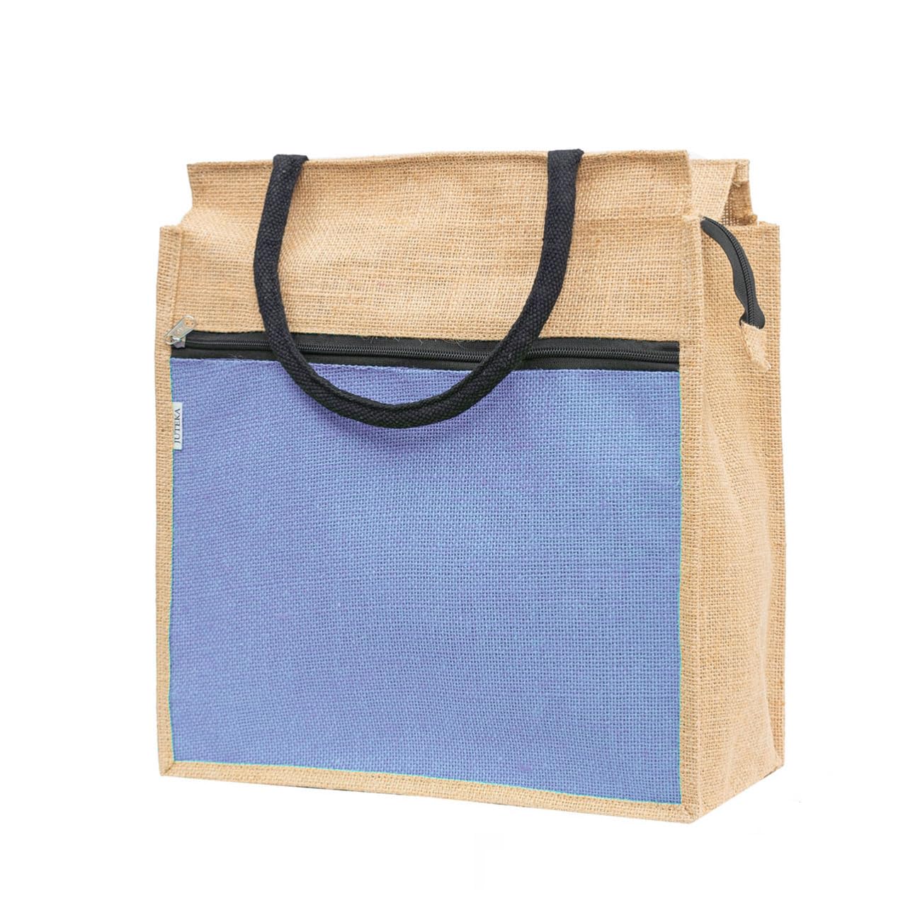 JUTEKA Eco-Friendly Jute Tote Bag with Front Zip Pocket - Reusable Lunch Bag for Office, Grocery Shopping, Picnic & Daily Use - Comfortable Padded Cotton Handles - Sustainable Shopping & Work Tote