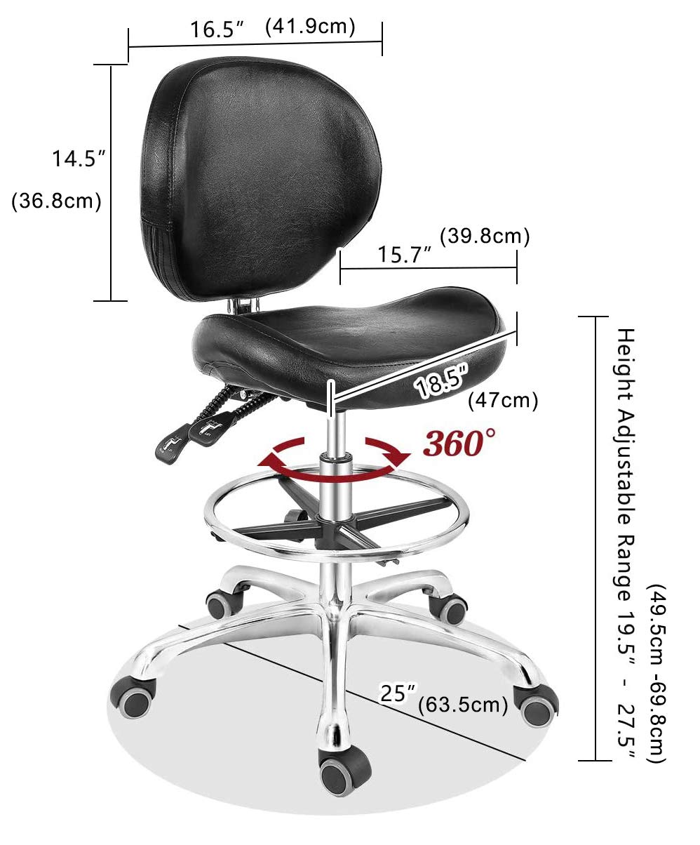 Ergonomic Adjustable Drafting Chair with Backrest & Footrest - Rolling Shop Stool for Computer Work, Art Studio, Workshop, Classroom, Lab & Home Office - Comfortable Black Task Chair for Architects, Artists & Professionals