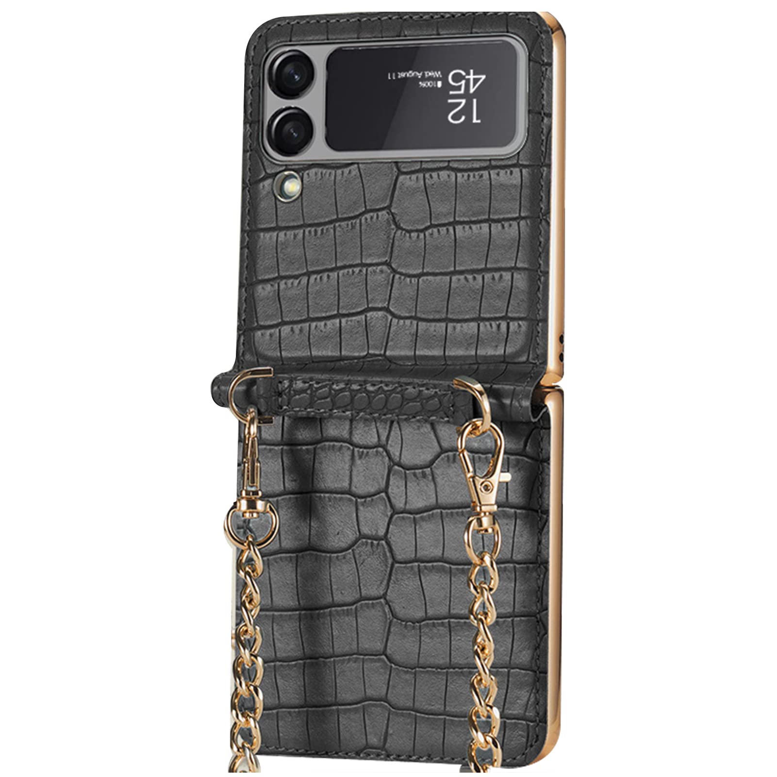 Slim Gold-Plated Chain Strap Crocodile Texture Case for Samsung Galaxy Z Flip 3 5G - Ultra Thin Protective Cover with Shoulder Strap for Women, Fashion Accessory for Daily Use & Night Out