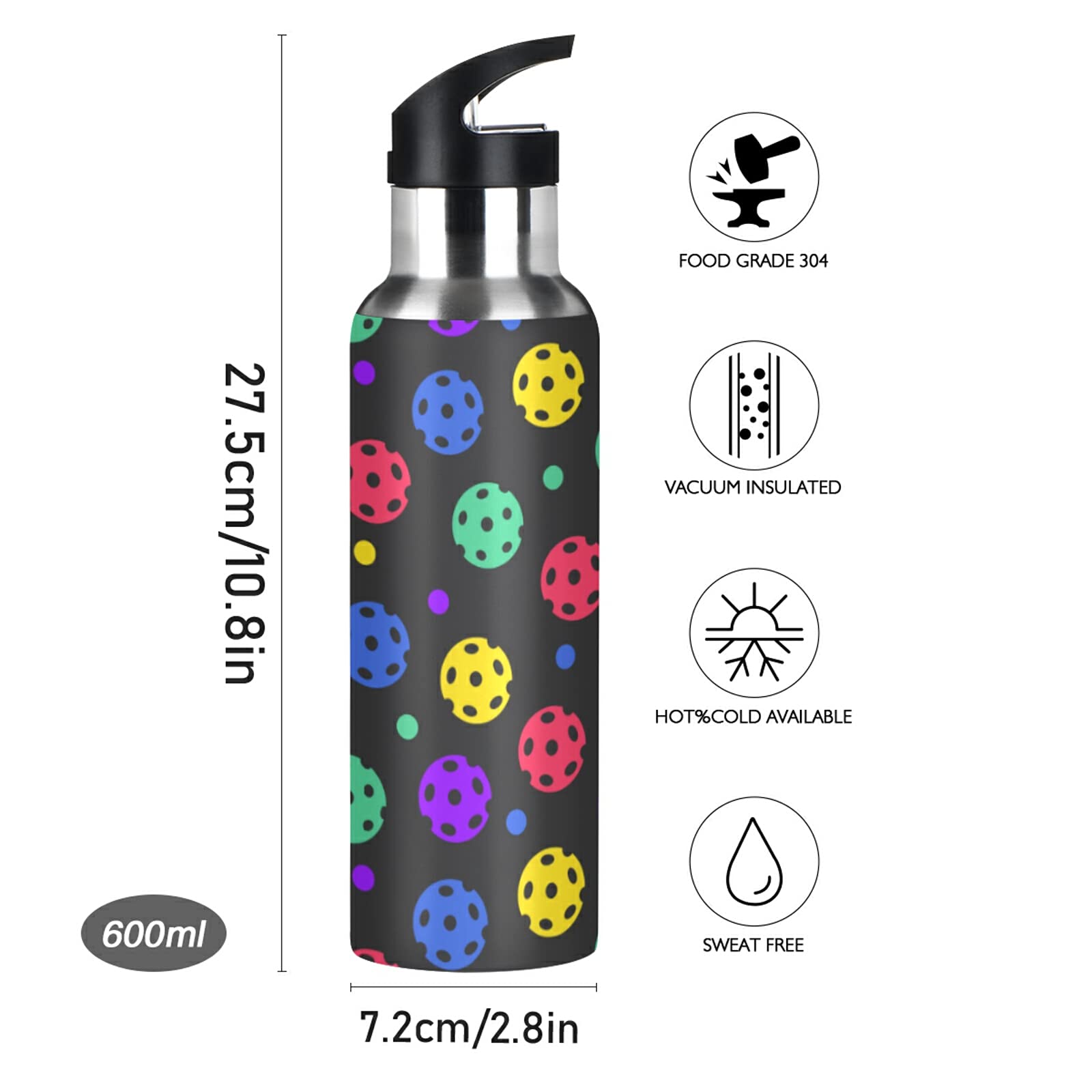 **Insulated Stainle Steel Water Bottle 20 oz - Double Wall Vacuum, Straw Lid, Leakproof - Perfect for Pickleball, Gym, Hiking & Outdoor Sports**