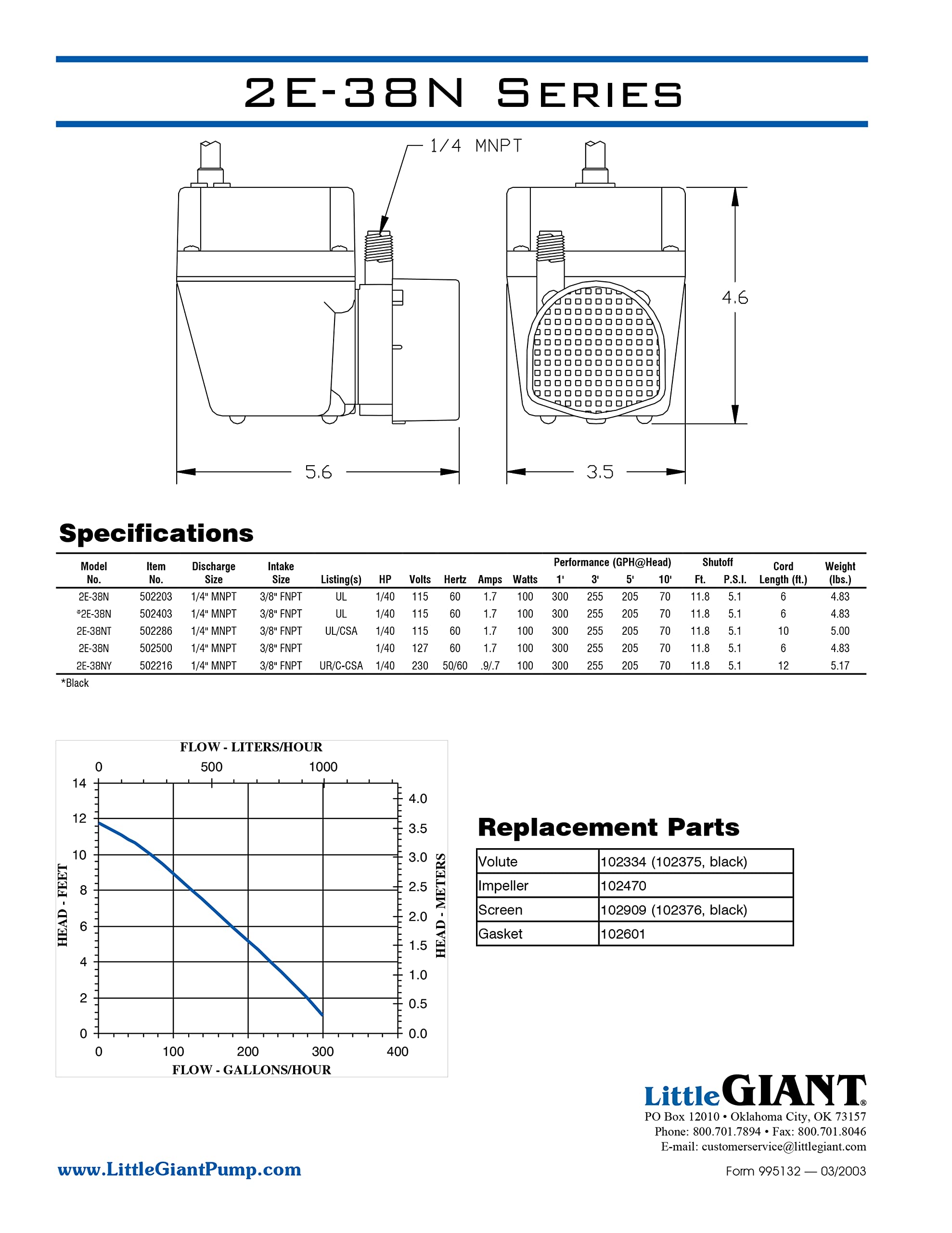 Little Giant 2E-38NT 115V 300 GPH 1/40 HP Manual Inline Submersible Oil-Filled Aluminum Water Pump with 10-Foot Cord - Blue (Model 502286) - Perfect for Basement Drainage, Aquariums, and Small Water Transfer Applications