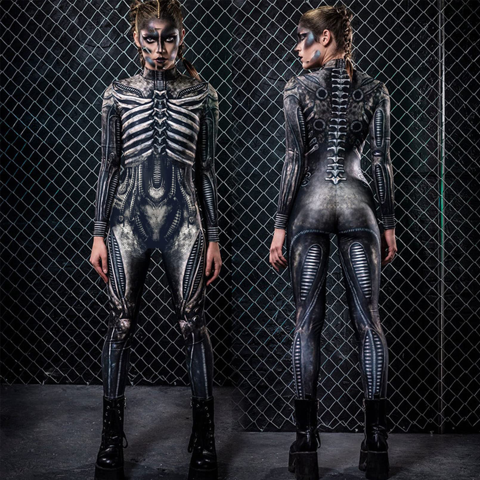 Fixmatti Women's Skull Print Long Sleeve Jumpsuit - Halloween Party Costume Outfit for Women | Gothic Fashion, Cosplay & Theme Party Wear