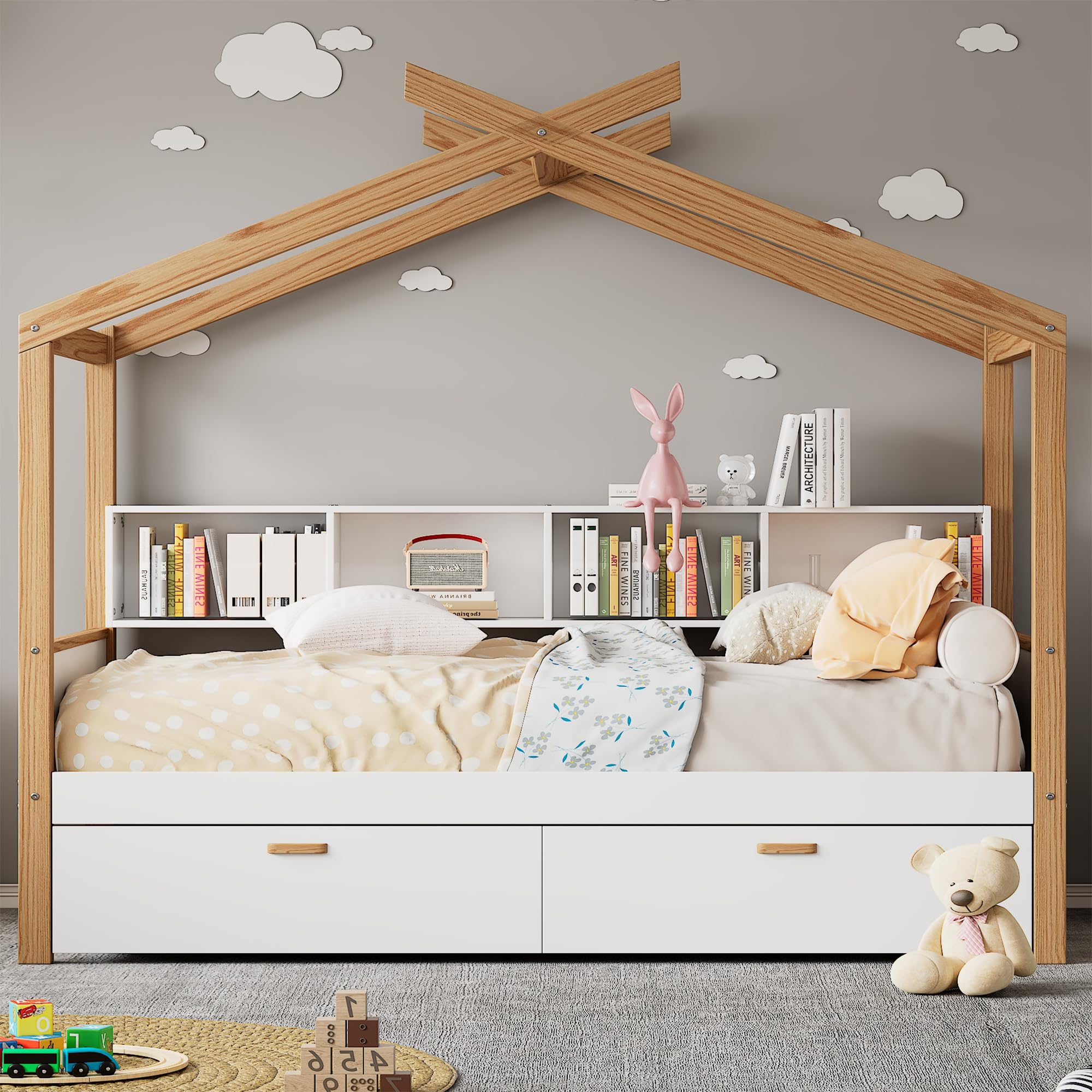Full Size Kids House Bed with Storage Drawers & Bookshelves - Wooden Bed Frame for Boys & Girls - Natural Finish - Perfect for Bedroom Decor & Playroom Furniture