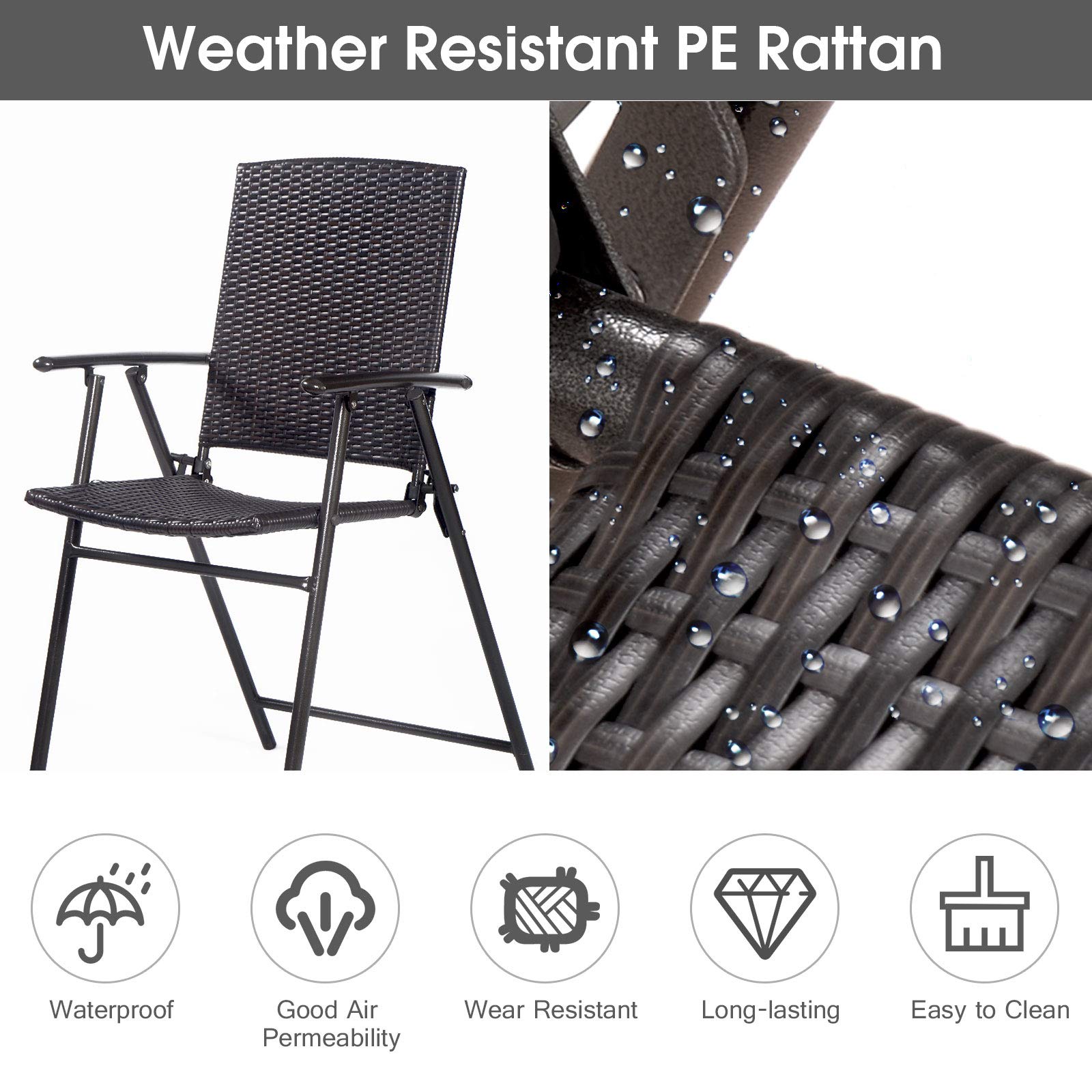 4-Piece Folding Wicker Rattan Bar Stool Set - Tall Backrest Bar Chairs with Steel Frame, Armrests & Footrest - Outdoor Patio Furniture for Garden, Poolside & Restaurant Use