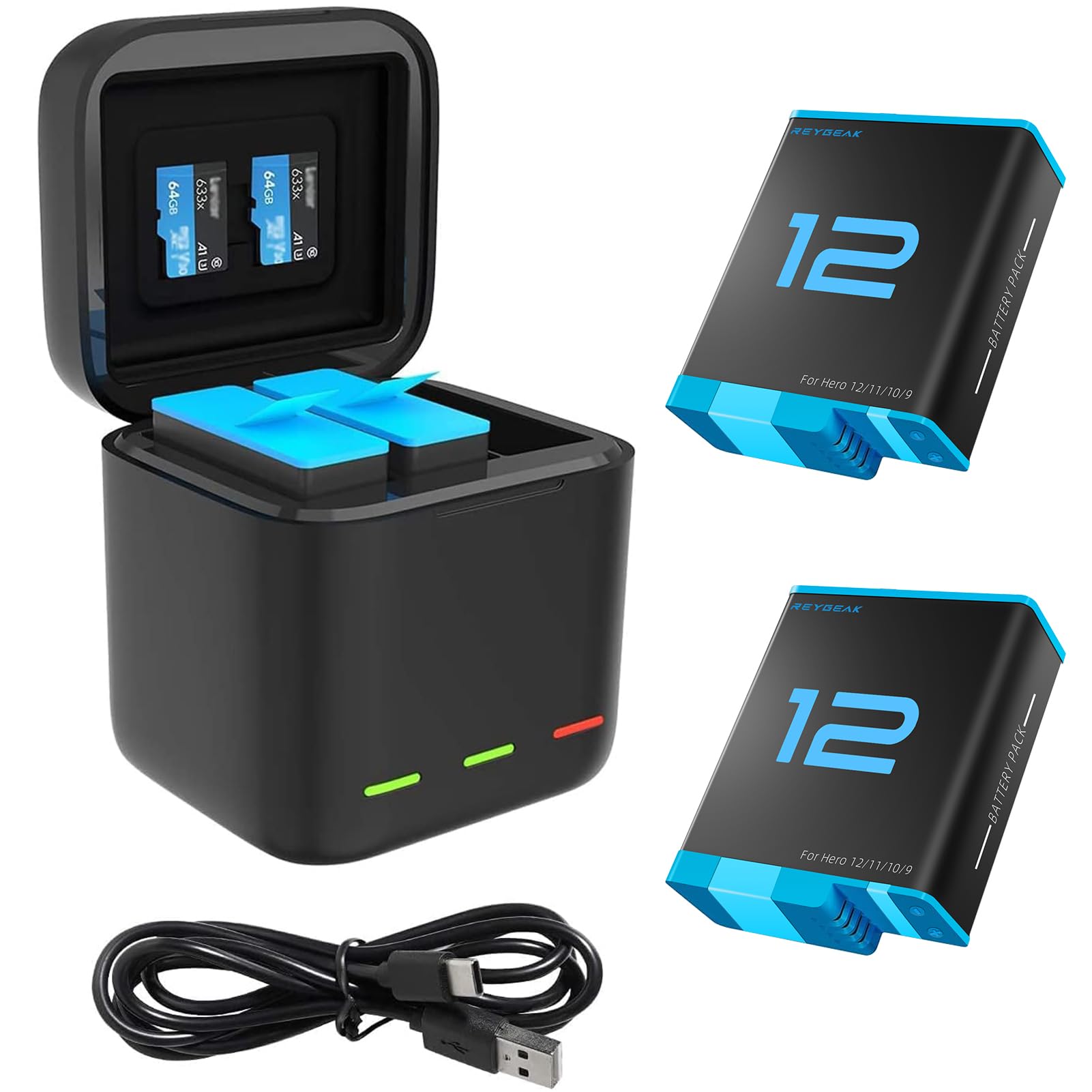 REYGEAK 2-Pack Replacement Batteries and 3-Channel Fast Charger for GoPro Hero 12/11/10/9 - Fully Compatible with Original Hero 12/11/10/9 Charger & Batteries (Charger + 2 Batteries) - Perfect for Travel, Vlogging, and Outdoor Adventures
