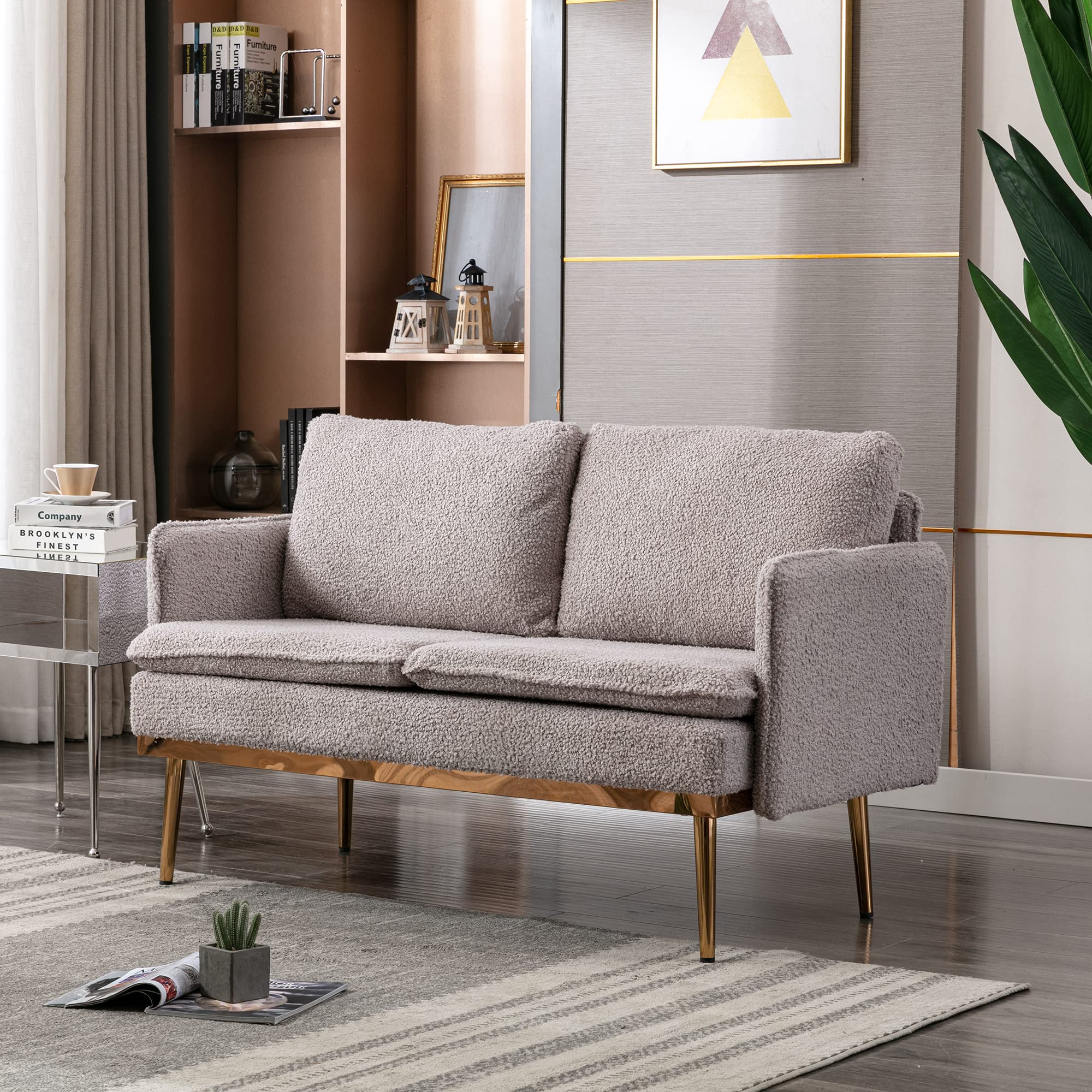 Yoluckea Small Loveseat Sofa - Upholstered 2-Seater Couch with Removable Thick Cushions & Golden Metal Legs, Compact Love Seat for Small Spaces (Grey Teddy Fabric) - Perfect for Apartments, Dorms, Living Rooms & Cozy Reading Nooks
