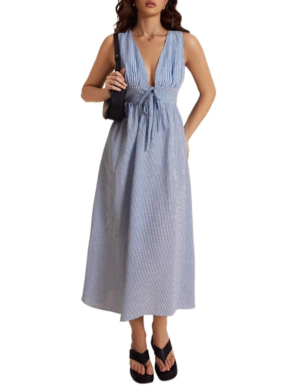 2024 Women's Sexy Blue Striped V-Neck Tie Sleeveless Vest Dress - Perfect for Summer Parties, Date Nights & Beach Vacations
