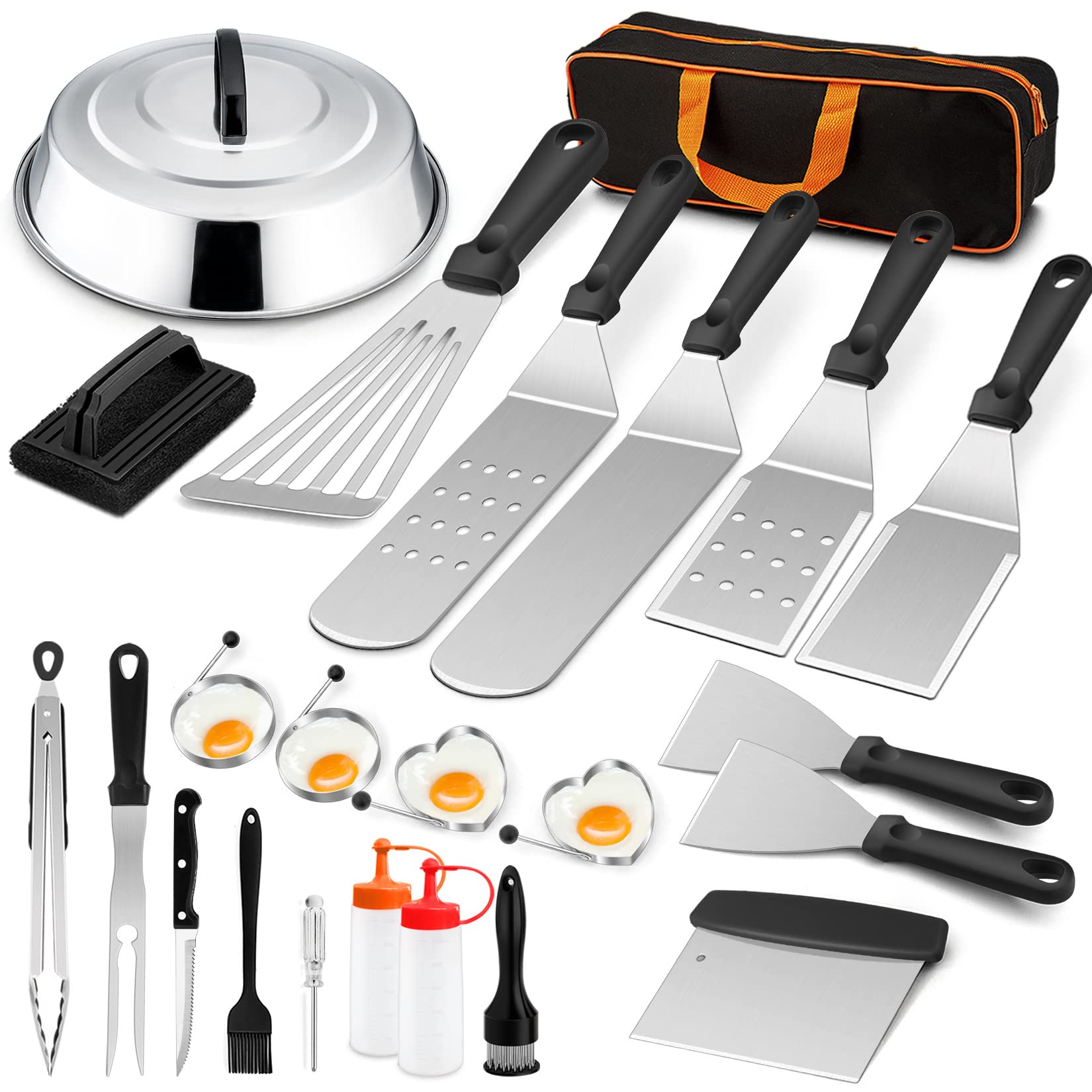 23Pcs Stainless Steel Griddle Accessories Kit - Joyfair Flat Top Grill Spatulas Set with Melting Dome, Scraper, Turners & Carrying Bag - Dishwasher Safe BBQ Tools for Outdoor Camping, Backyard Grilling & Tailgating Parties