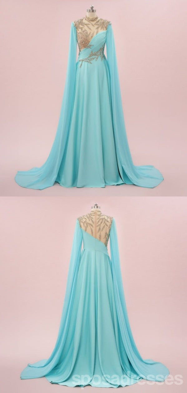 Elegant Blue A-Line Long Sleeve Maxi Party Prom Evening Dress for Women - Formal Gowns for Homecoming, Wedding Guest & Special Occasions