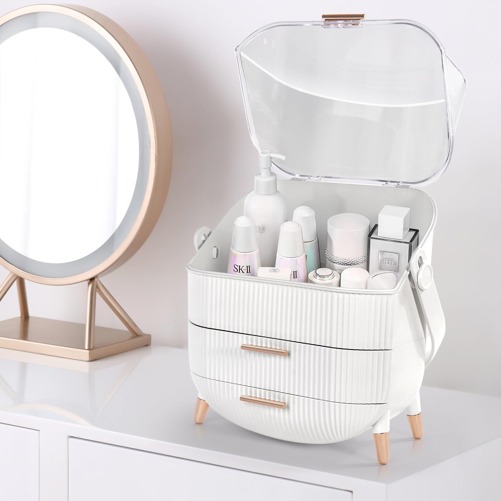 Preppy Makeup Organizer & Skincare Storage Box for College Students - Portable Cosmetic Caddy for Dorm, Bathroom, Dresser - White | Perfect for Travel, Vanity Organization & Small Space Storage