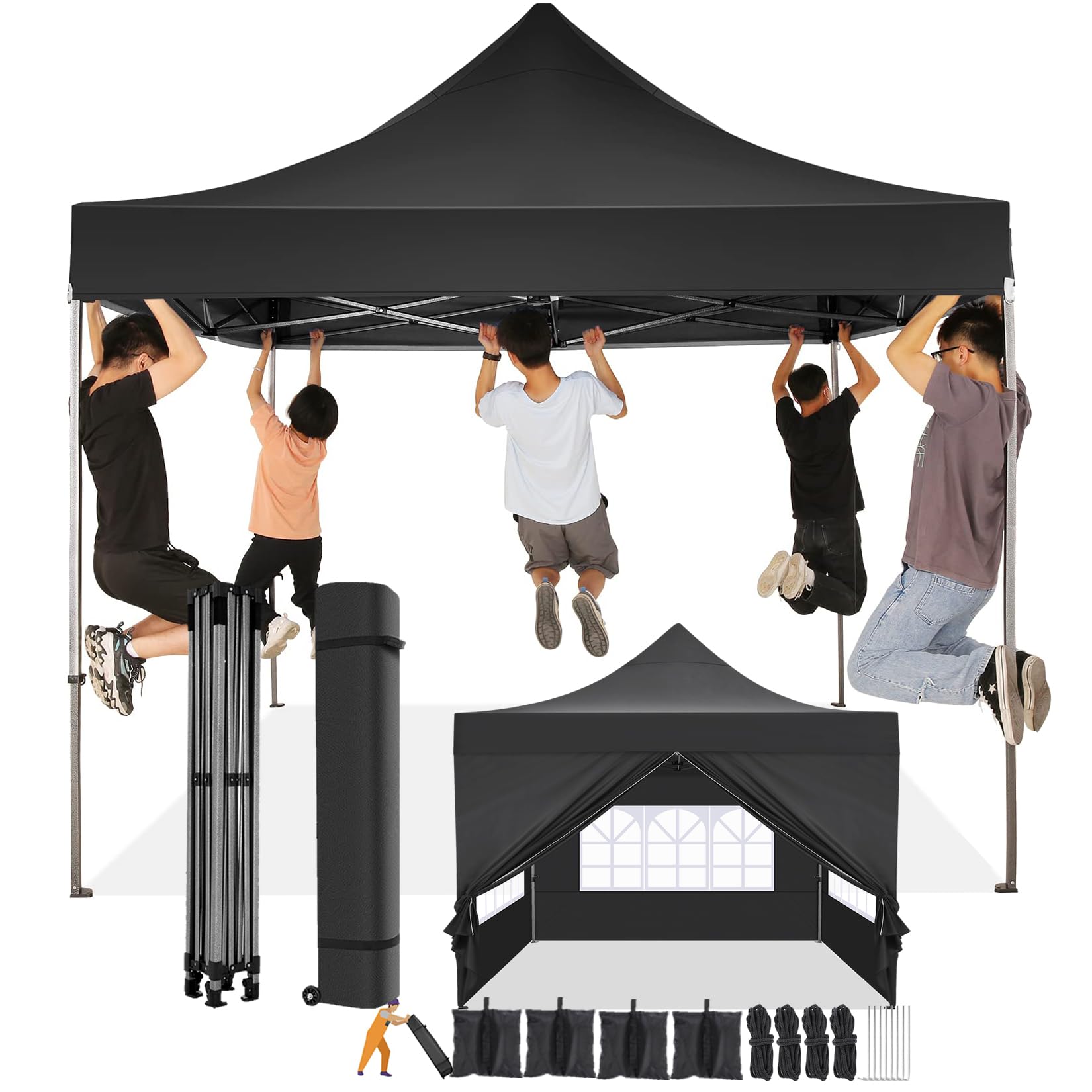 COBIZI 10x10 Pop Up Canopy Tent with 4 Sidewalls - Heavy Duty Waterproof Commercial Canopy for Outdoor Parties, Events, Camping & Backyard - Includes Wheeled Carry Bag (10x10ft, Black) | Perfect for Picnics, Farmers Markets, Beach Outings & Tailgating