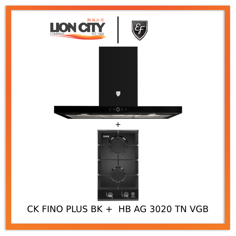 EF 90cm Chimney Hood CK FINO PLUS BK + EF HB AG 3020 TN VGB Built-in Hob - Stainless Steel Kitchen Ventilation System for Modern Homes - Perfect for Open-Plan Kitchens & High Ceiling Spaces