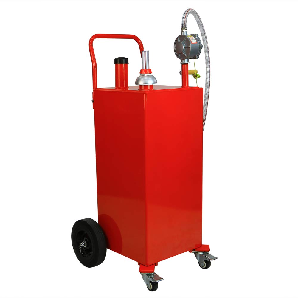 MOTOOS 30 Gallon Portable Oil Transfer Fuel Diesel Fluid Storage Tank with Rotary Hand Siphon Pump and Wheels - for Cars, Lawn Mowers, Boats, ATVs, Tractors - Ideal for Garage, Workshop, Farm, and Outdoor Use (Red)