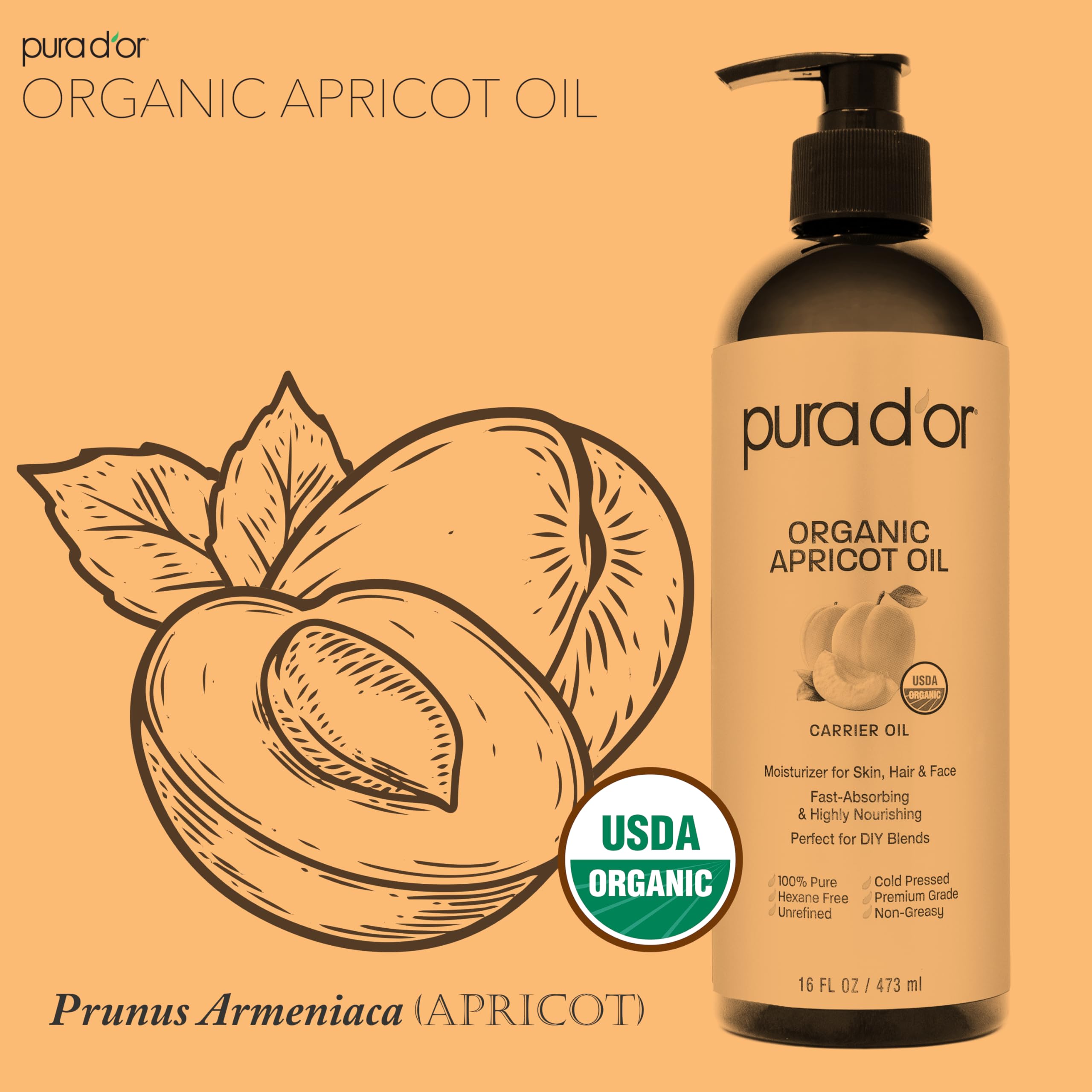 PURA D'OR 16 Oz Organic Apricot Kernel Oil - 100% Pure Cold Pressed Carrier Oil for Face, Skin & Hair Care - USDA Certified, Rich in Vitamin E & Antioxidants - Natural Moisturizer for Glowing Skin & Soft Hair - Perfect for Daily Skincare & Hair Treatment Routine